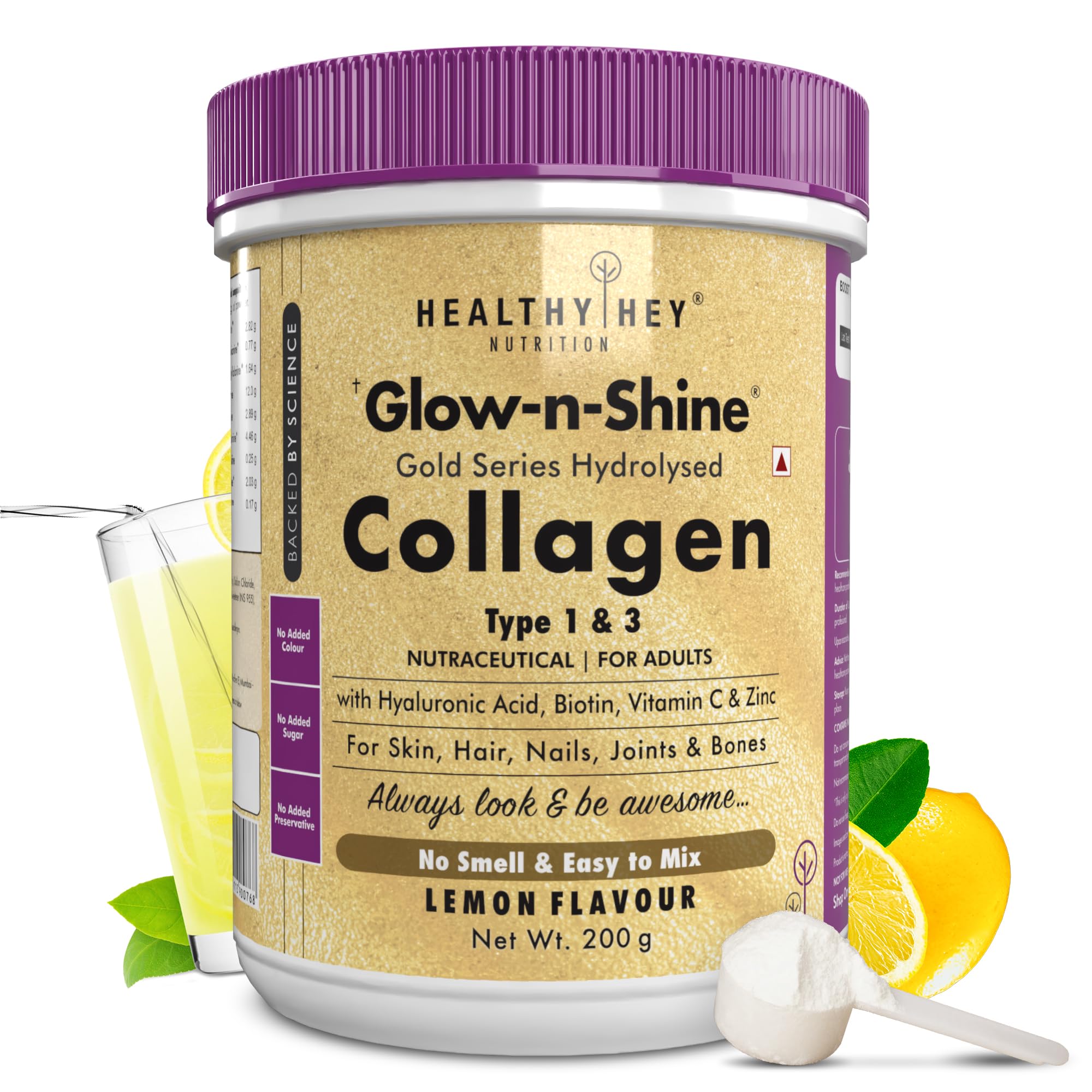 HealthyHey Nutrition HealthyHey Skin Glow-n-Shine® Collagen Powder 200g | Hydrolysed Collagen for Women&Men with Hyaluronic Acid,Biotin&Vitamin C for Healthy Skin,Hair&Nails-(Lemon,200gm)
