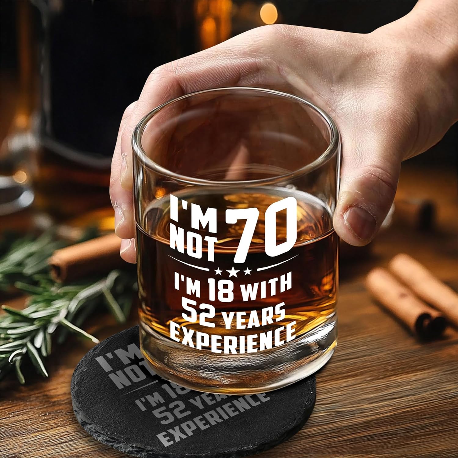 70th Birthday Gifts for Men – Funny Whiskey Glass Set for Him Born in 1956 – 70 Year Old Gift Ideas for Dad, Grandpa, Husband, Friends – Wooden Box, Coaster, Cards - Image 4