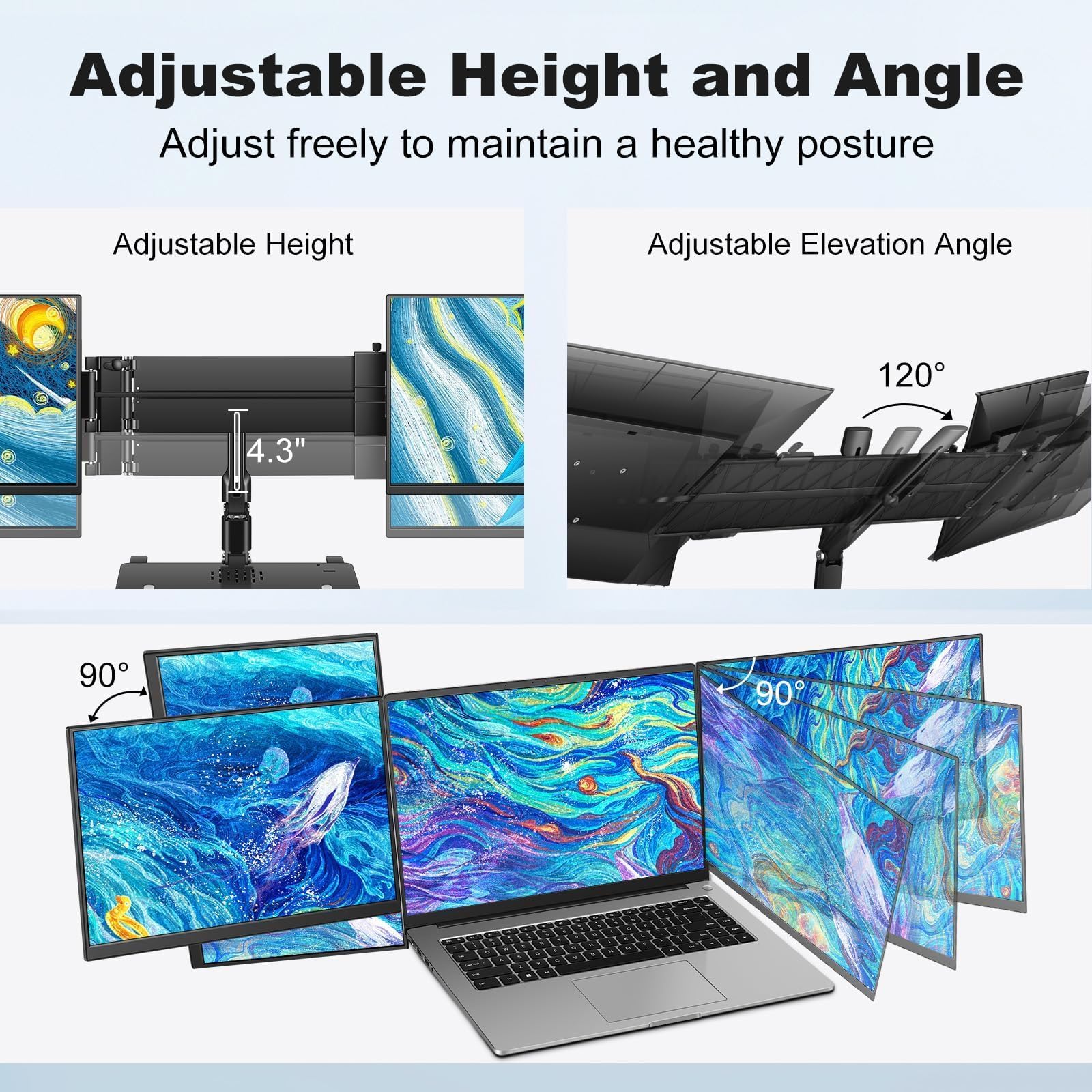 DEPGI 14" Laptop Screen Extender, 1200P FHD One Cable Connect Portable Triple Monitor, Dual Screen Monitor Fits 13"-17.3" Laptop with Stand for MacOS/Windows — view 4