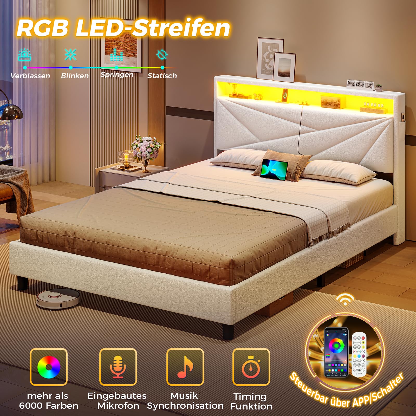 KIMENICH Bett 140 X 200 mit LED Beleuchtung, Polsterbett mit Steckdosen, Kopfteil mit Stauraum, Bettgestell mit Lattenrost, Schlafzimmer, PU weiß