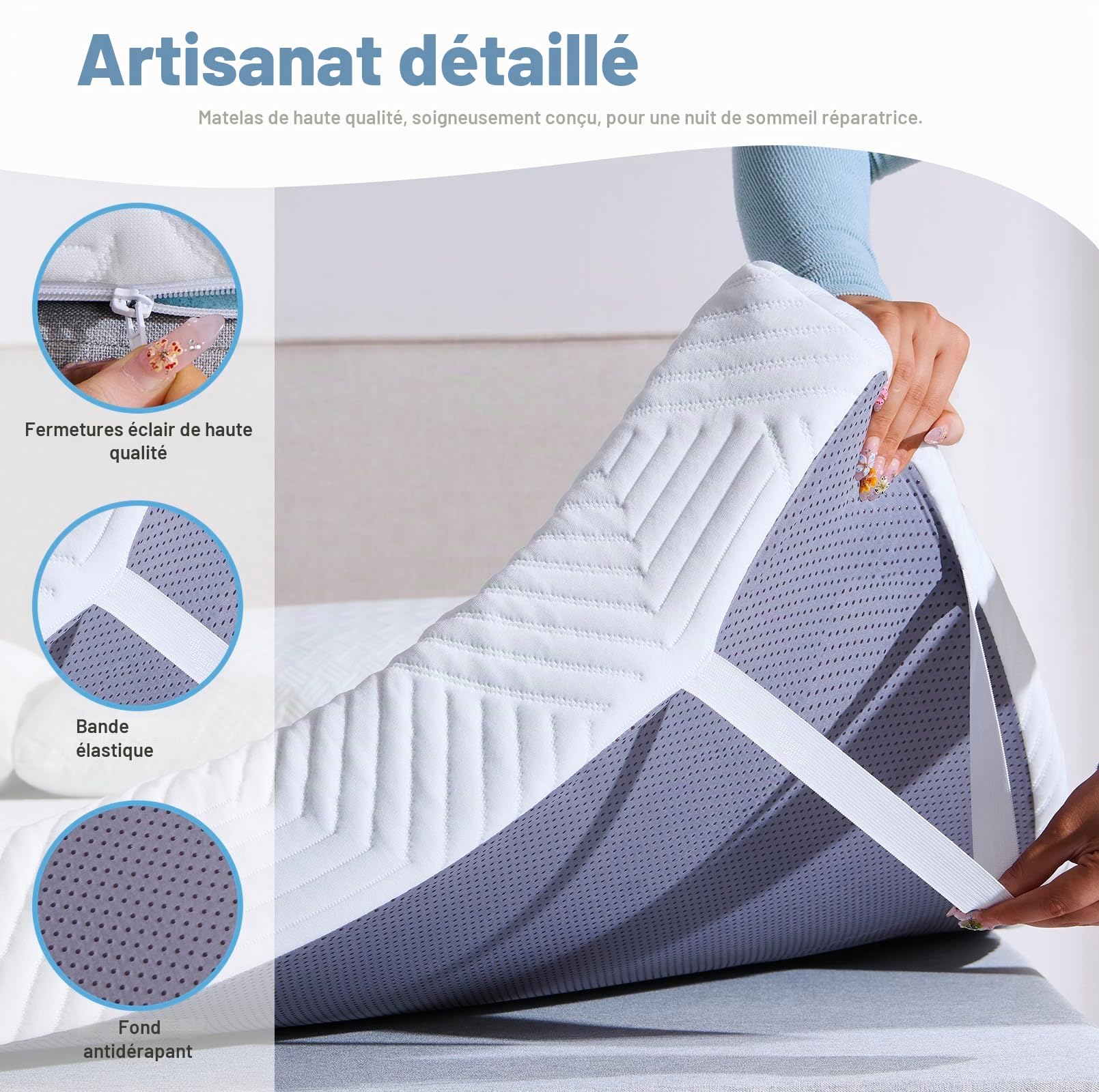 Twirest Surmatelas 140 x 200 cm, 5 cm d'épaisseur, Topper 140x200cm avec un noyau confortable en mousse à haute résilience, Housse respirante et lavable, pour lit à sommier tapissier, caravane