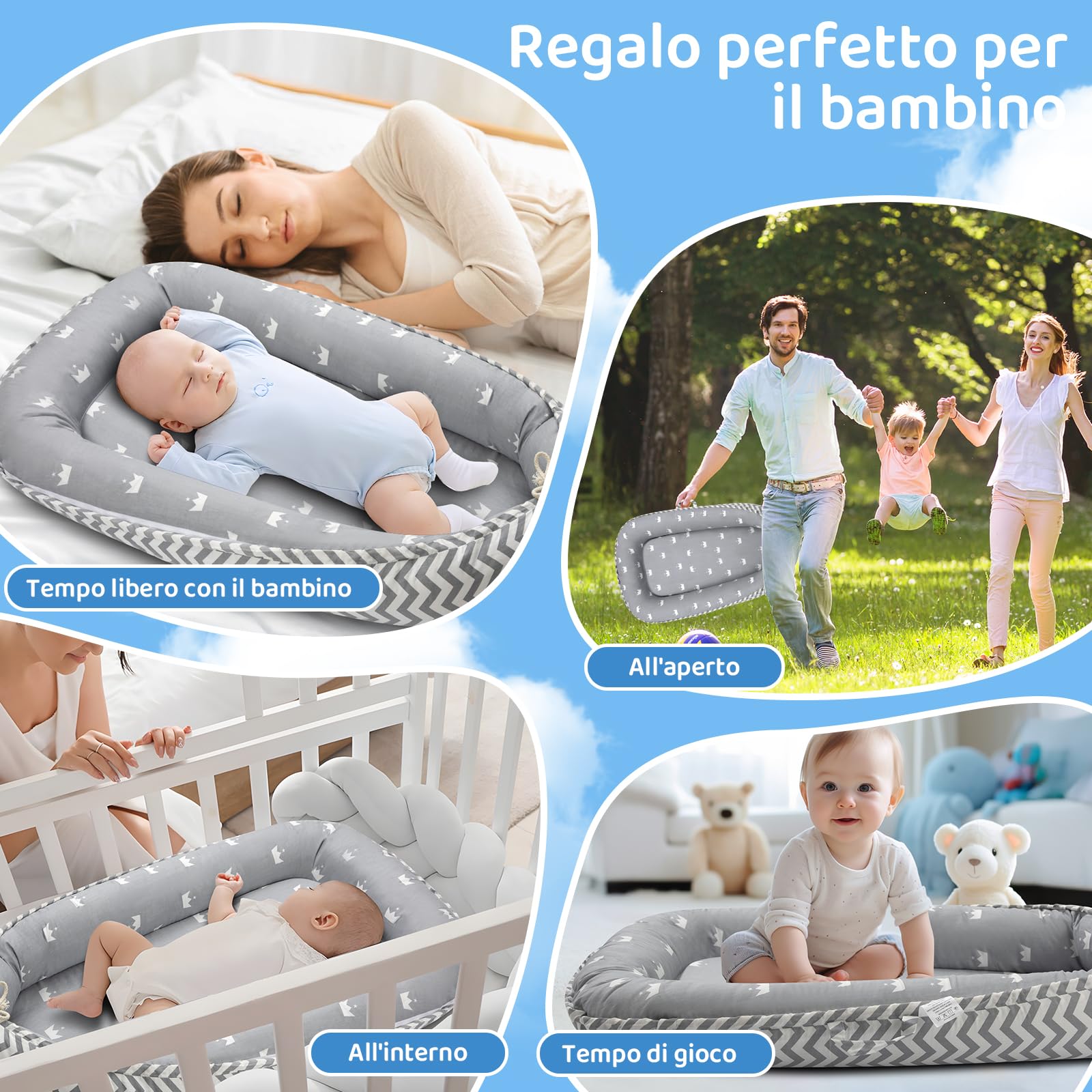 ROMAGIO Baby Lounger morbido e traspirante, nido portatile per neonati con copertura per bambini 0-24 mesi, per co-sleeping, idea regalo per bambini (bianco)