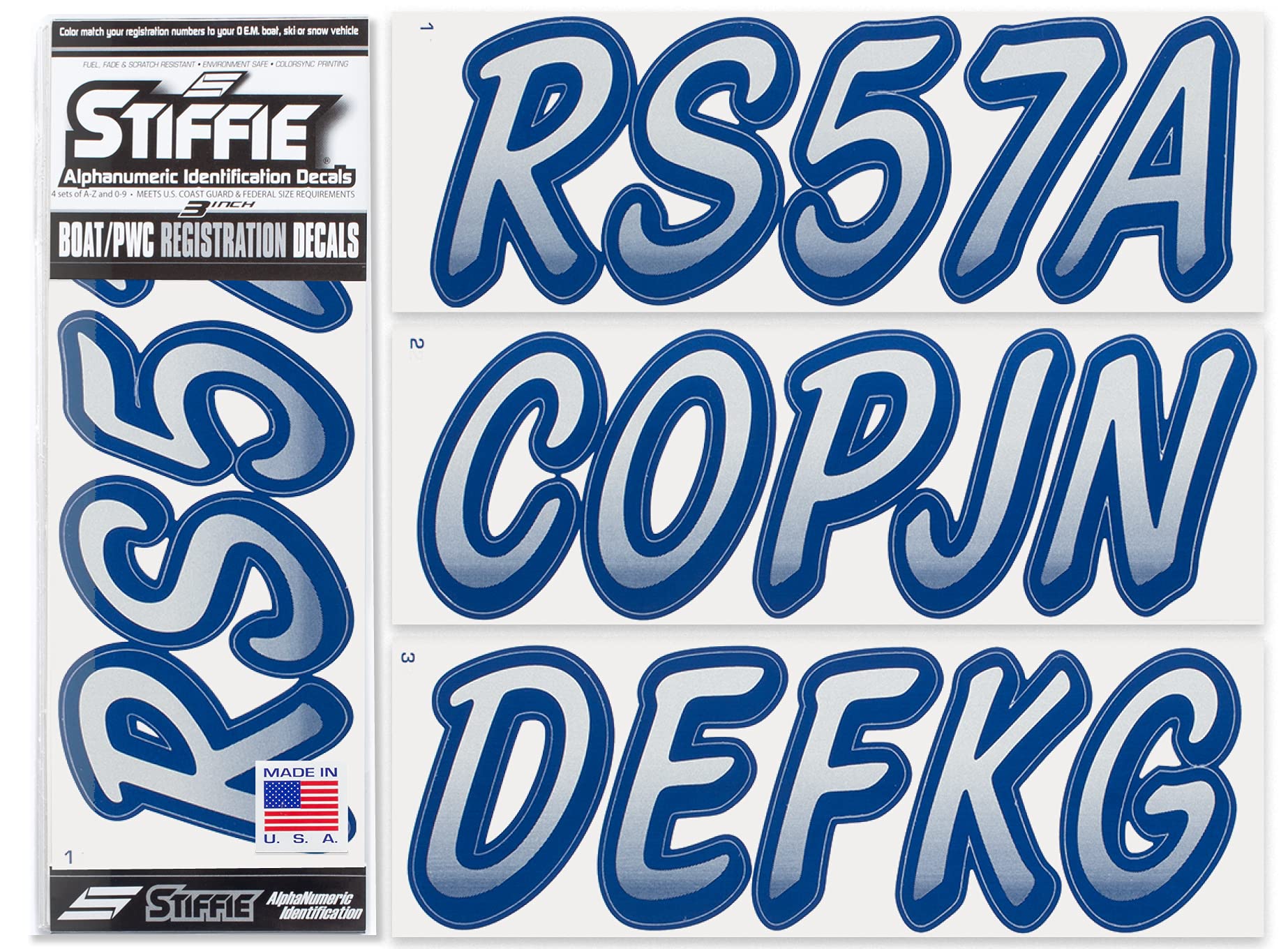 STIFFIE Whipline Silver/Navy 3" Boat &amp; PWC Registration Decals • Numbers Letters Stickers