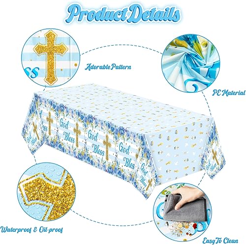 Miniatura 4 de Paquete de 3 manteles azules para fiesta de bautismo para bebé, decoración con temática de flores, desechables, de plástico, impermeables,