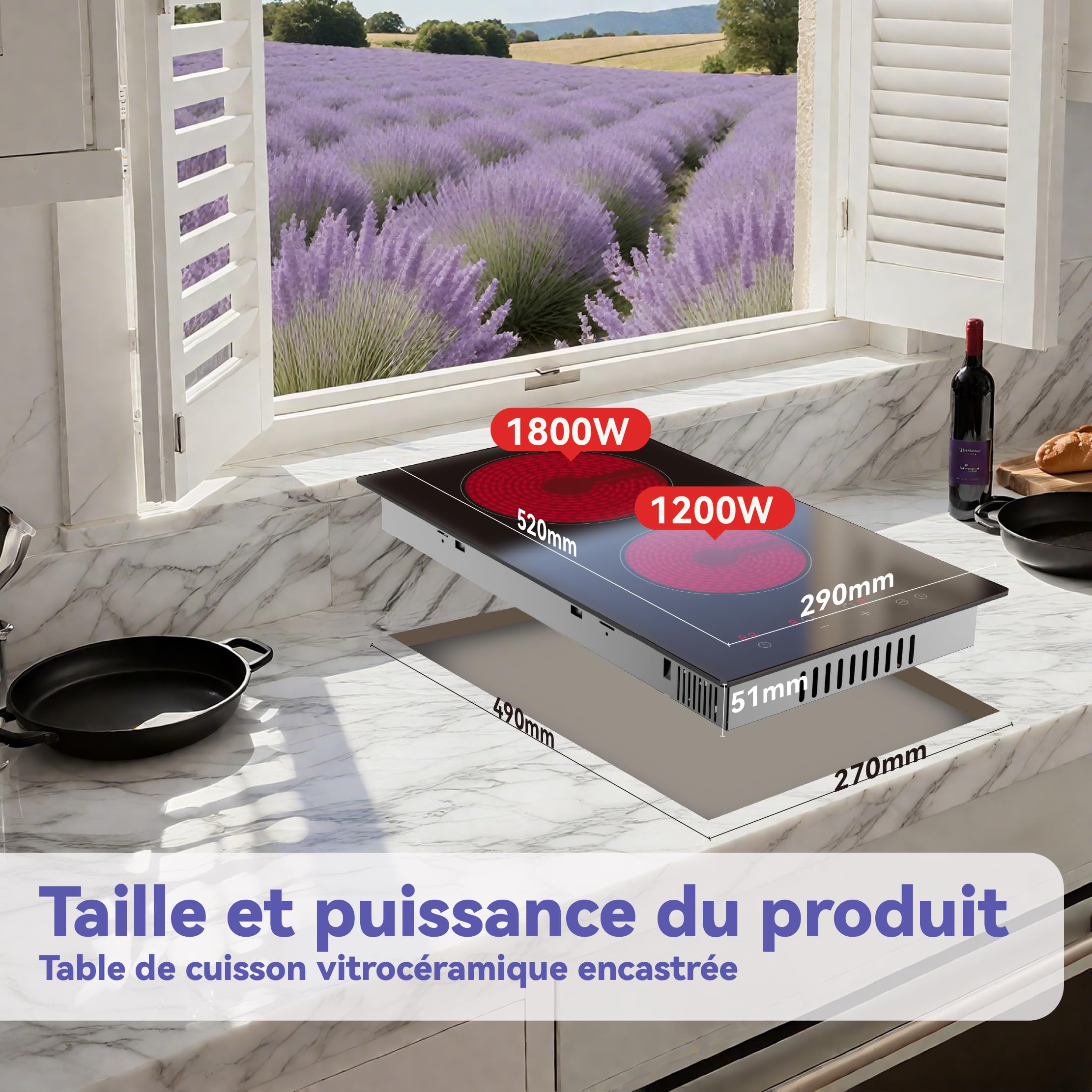 Plaque Vitrocéramique 2 Feux Encastrable 52x29cm 3000W Contrôle Tactile 9 Niveaux de Puissance Minuterie 99min Verrouillage Enfant