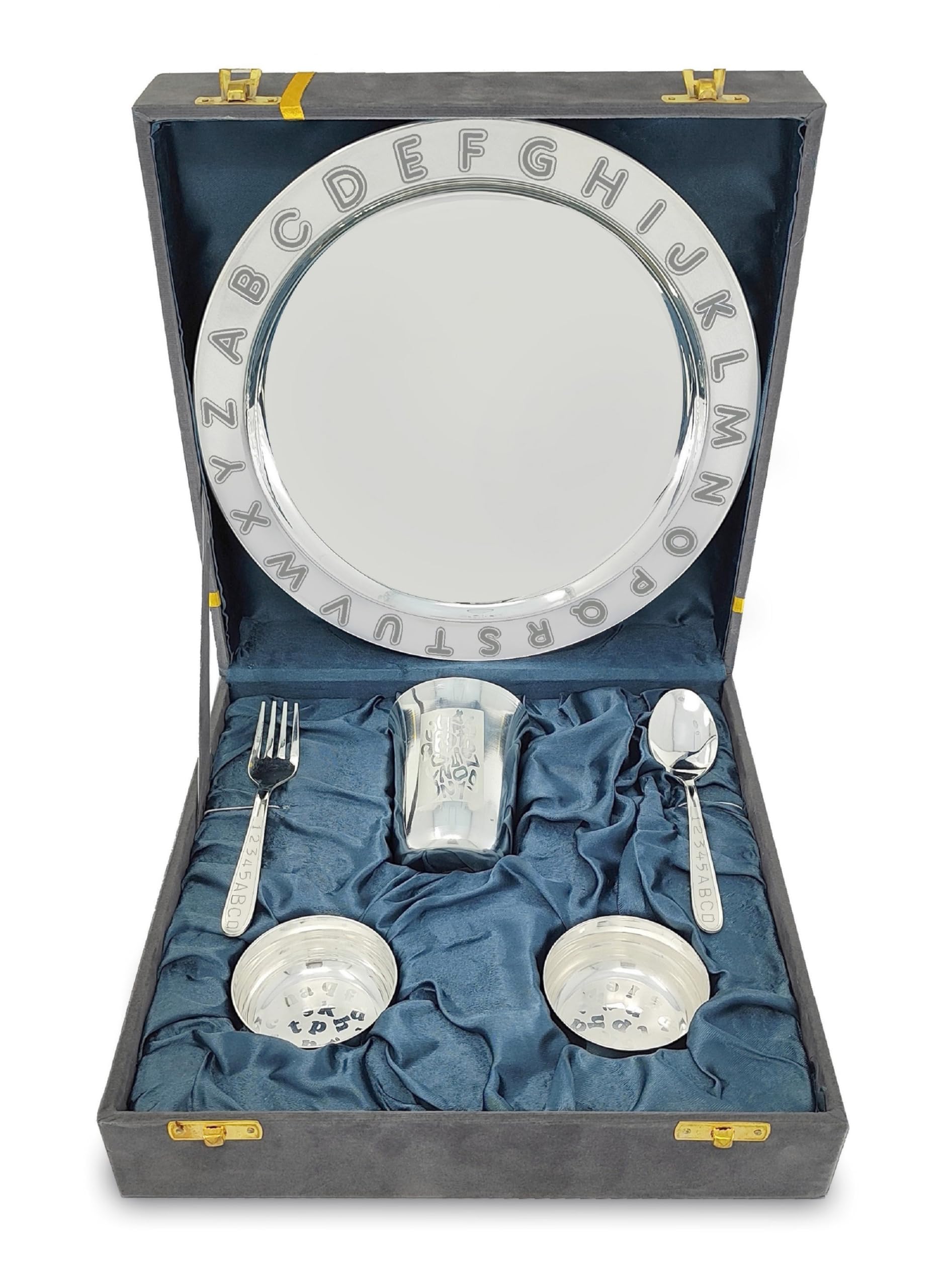 BENGALEN Silver Plated Dinner Set with Grey Velvet Gift Box for Baby Rice Ceremony Annaprashan Sanskar Gifts for Boys Girls Birthday Return Festive Home Decorative Items-image-42