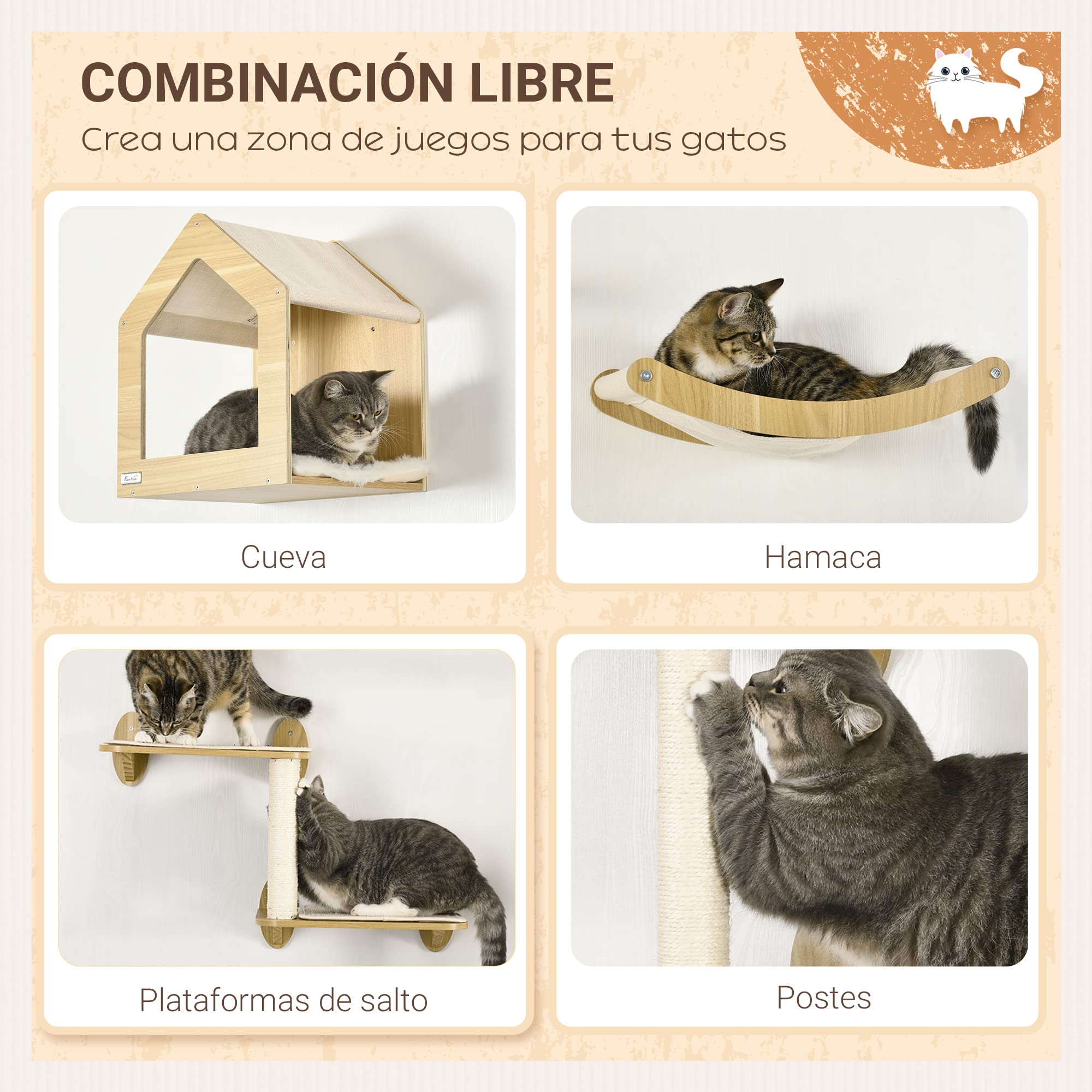 PawHut Estantes para Gatos de Pared 3 Piezas con Caseta y Hamaca Roble | Juego de Estantes Escalada para Gatos, Plataformas, Poste de Sisal