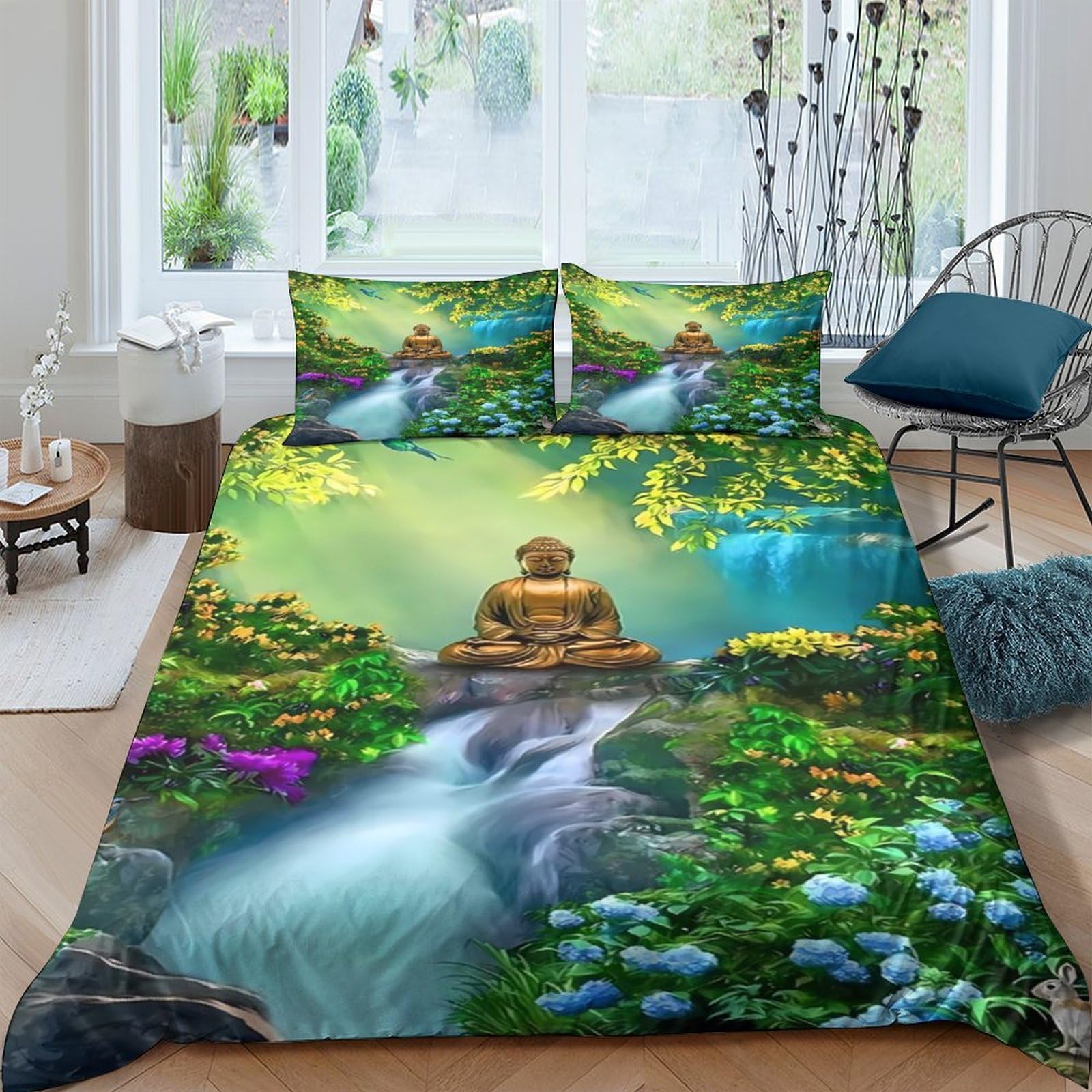 TUFRTGYHN 3D Printed Buddha Waterfall Duvet Cover Microfiber Soft Zen Garden Bedding Set with 2 Pillowcases for Bedroom Decor Single（135x200cm）