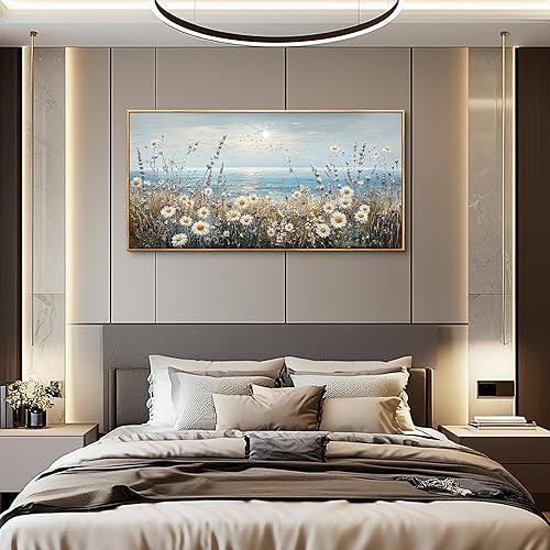 Miniatura 7 de PHAOHUAXM Decoración de pared para sala de estar, arte de pared para dormitorio, decoración de oficina, pinturas de océano azul, flores, acuarela,