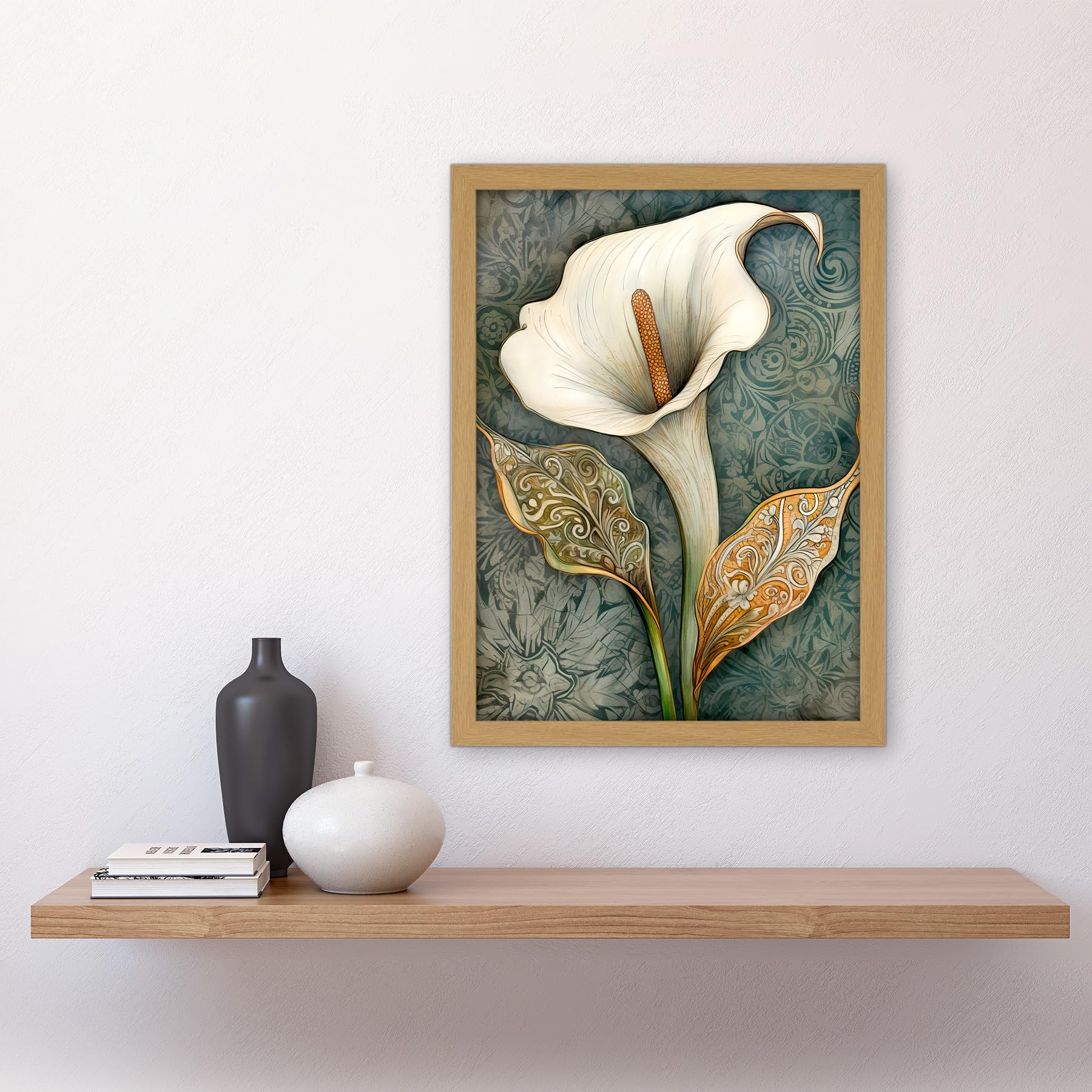 Artery8 William Morris Style Art Nouveau Calla Lily Flower Artwork Framed A3 Wall Art Print, Framed Light Oak A3, 45.5L x 33W cm - Image 2