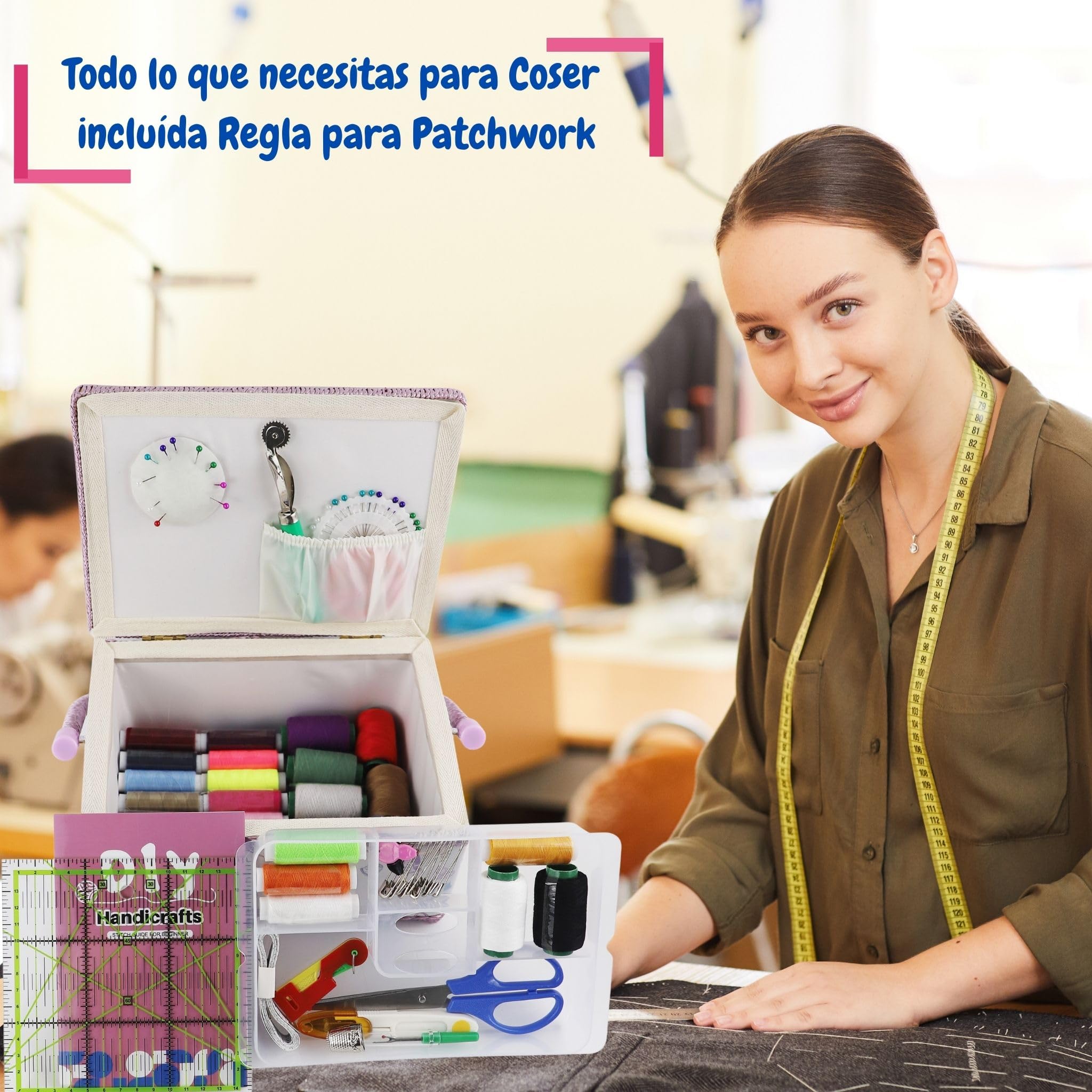 SusggO 140 piezas Costurero Grande Completo Guia Basica Puntadas. Costurero Madera forrado Tela Accesorios Kit de Costura para Adultos Costureros Reglas de Costura Patchwork (Rosa)