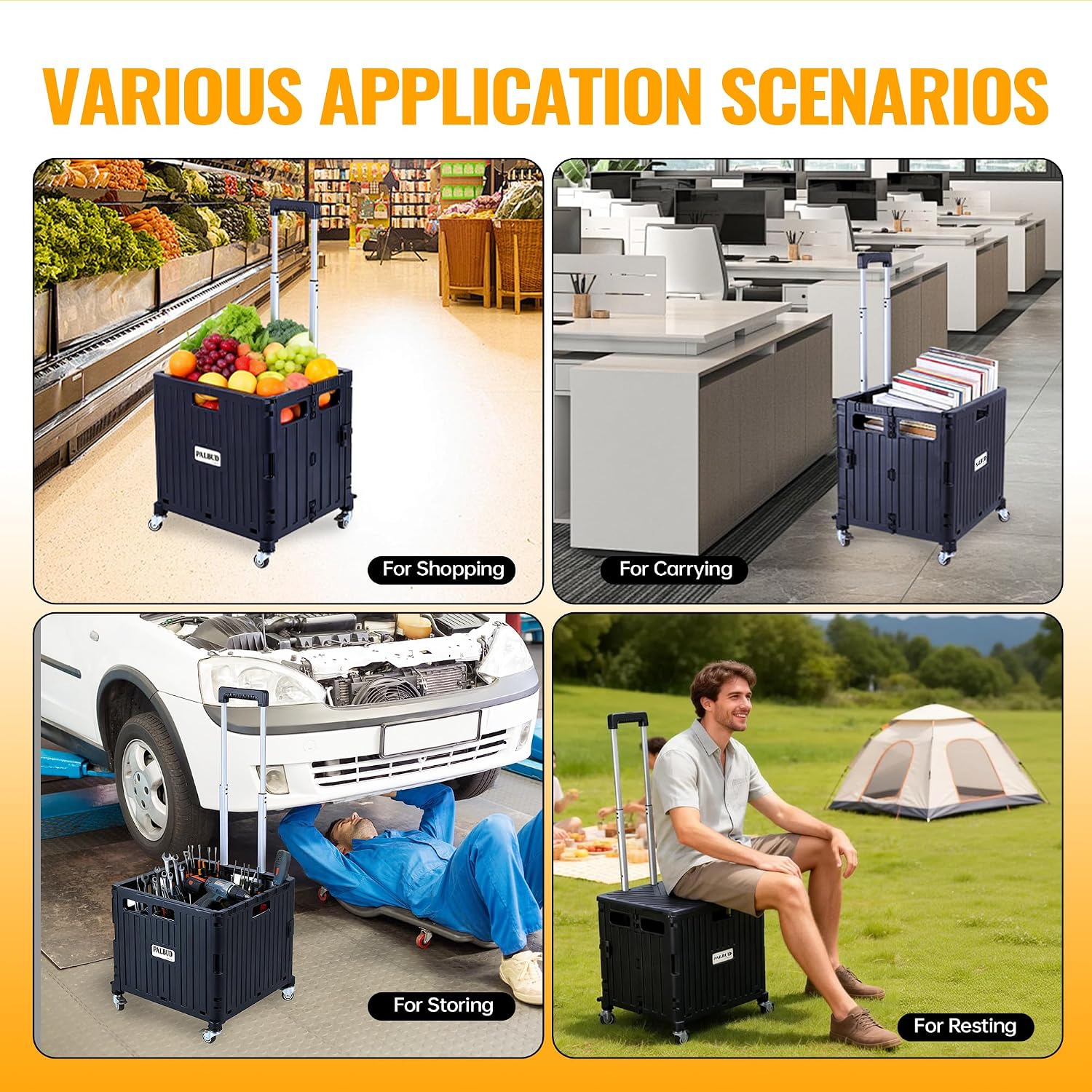 Folding Utility Cart Portable Rolling Crate Handcart Shopping Trolley Collapsible Tool Box, with Lid, Basket on 4 Rotate Wheels, for Grocery, Garden, Office, Storage, Teacher, Tool (Black)