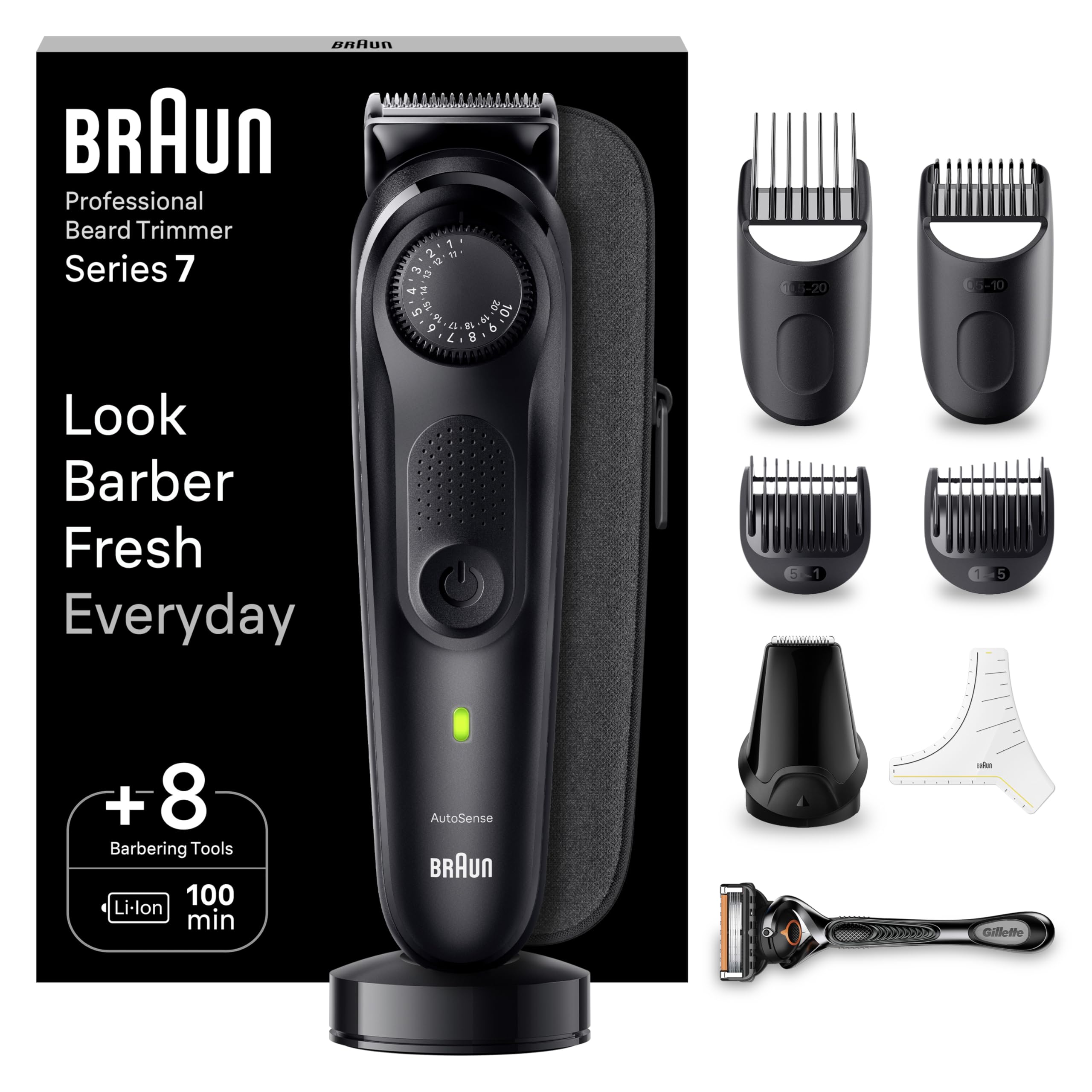 Braun Series 7 RASOIO ELETTRICO BARBA Con lama barba Problade, REGOLABARBA UOMO 40 Lunghezze, Accessori Da Barbiere, Base Di Ricarica, Custodia, BT7440 Nero