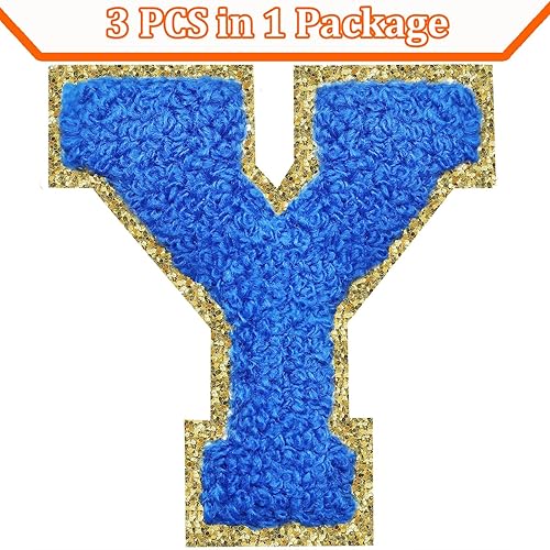 Miniatura 200 de Parches de letras termo-adhesivas de felpilla para chaquetas, parches de letras universitarias con brillantina para planchar en la letra azul A