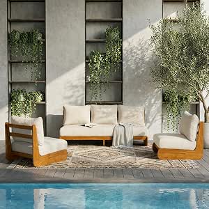 Merax 3 Piece Patio Outdoor Furniture Set, Sofa + 2 Chairs, Beige + Teak