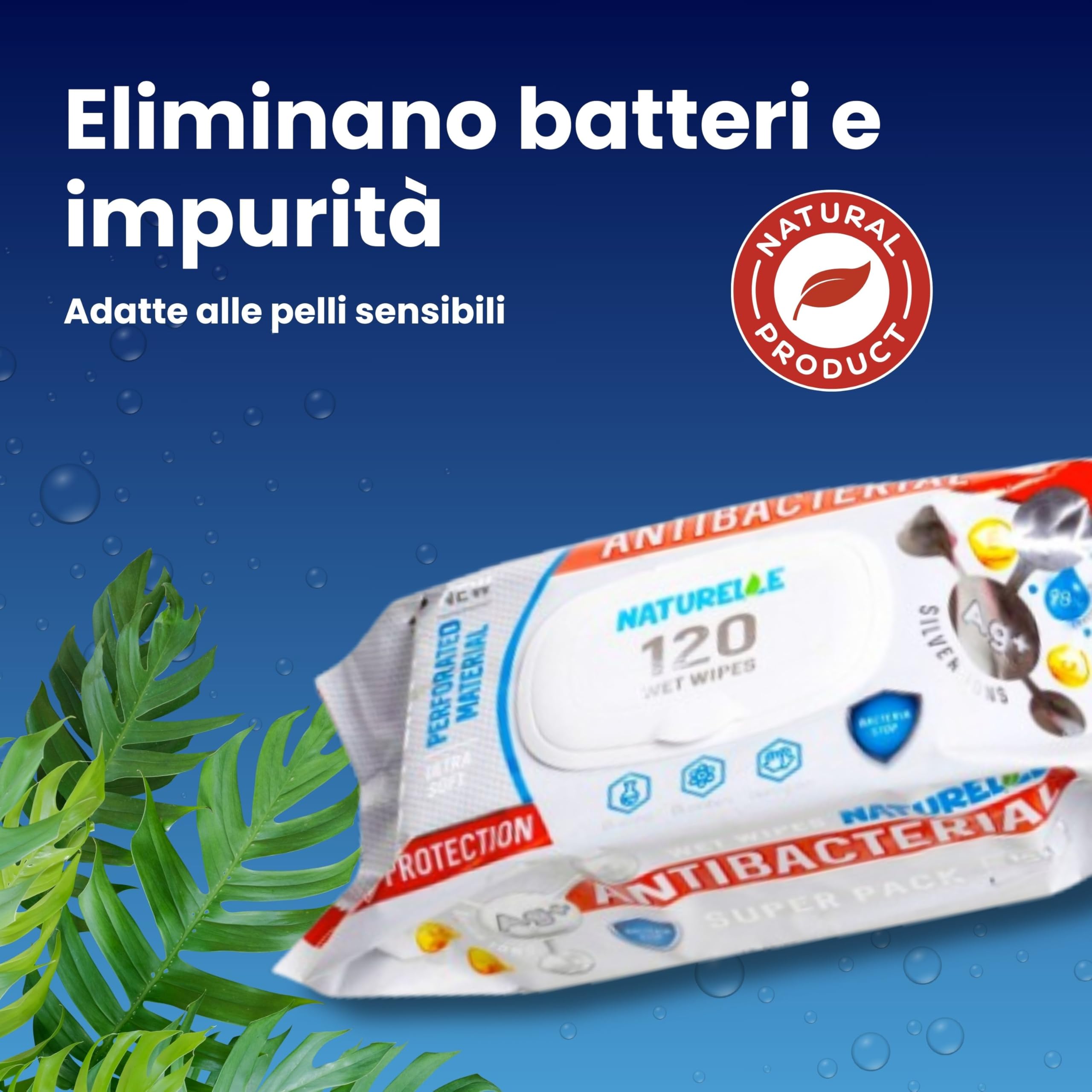 Naturelle Salviettine umidificate antibatteriche - Reti per superfici e mani, 1440 salviette (12 confezioni da 120)