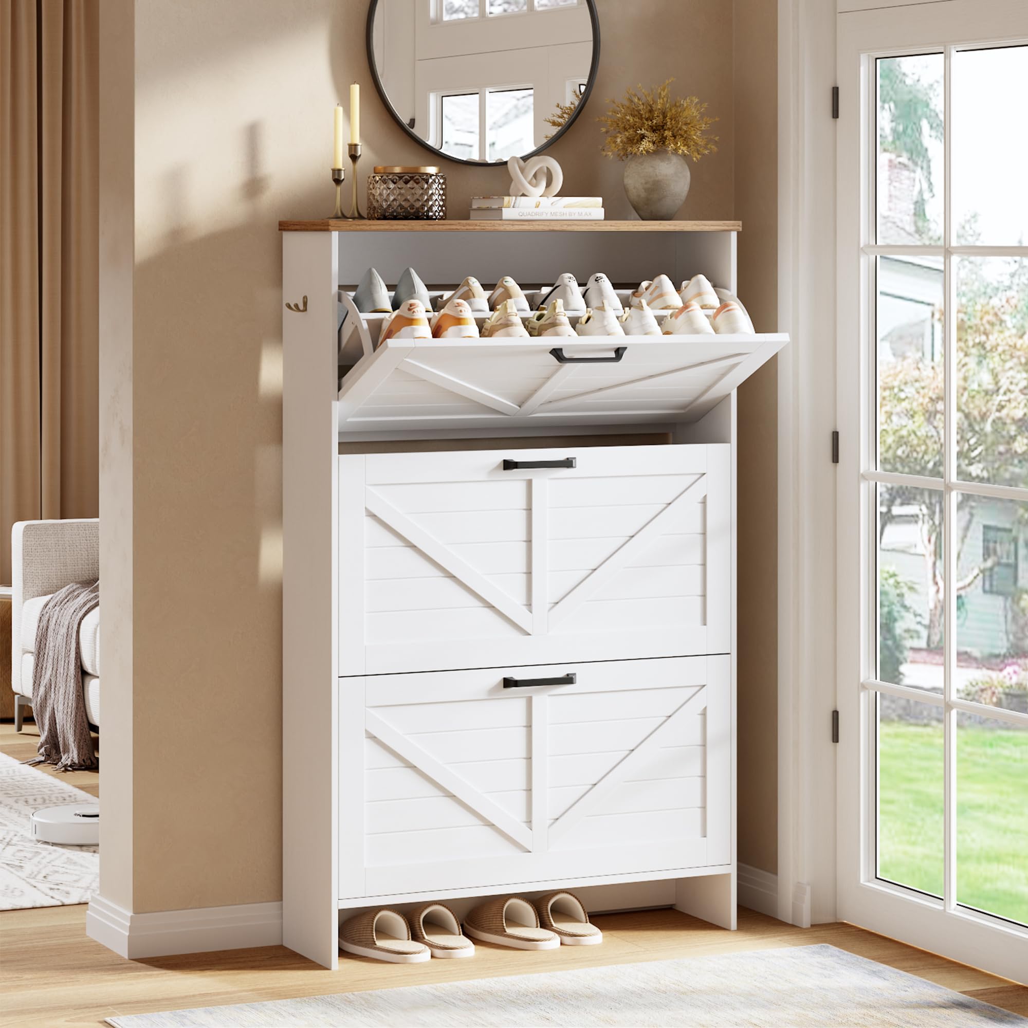 Shoe Storage Cabinet for Entryway, Nicetree Freestanding Shaker Barn Door Ultra Slim Shoe Cabinet With 3 Flip Drawers, Farmhouse Shoe Rack With 3-Tier