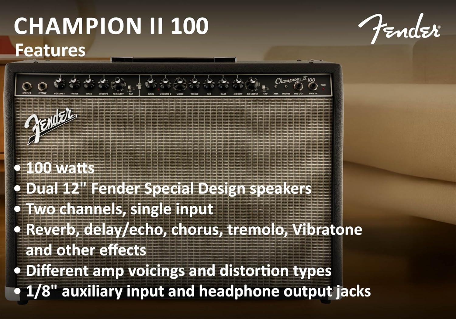 Fender Champion II 100-Watt Guitar Combo Amplifier Bundle with Cable, Picks, and Austin Bazaar Instructional Video