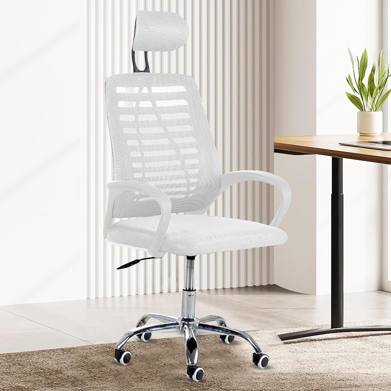 Casa Copenhagen,Mesh Office Desk,Rocking Ergonomic Computer Chair Adjustable High with Headrest and Comfortable Armrest Swivel Chair – Pearl White & White Handle