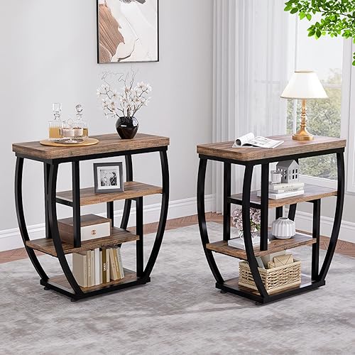 Miniatura 8 de Mesa auxiliar de 4 niveles con almacenamiento, mesa auxiliar estrecha para sala de estar, mesa de sofá de madera con marco de metal, mesita de noche