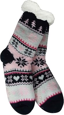 Mirabeau Snowflake Sherpa Thermal Knit Slipper Socks with Non-Slip Grippers Adult/Youth Black/Pink-Hearts/Trees