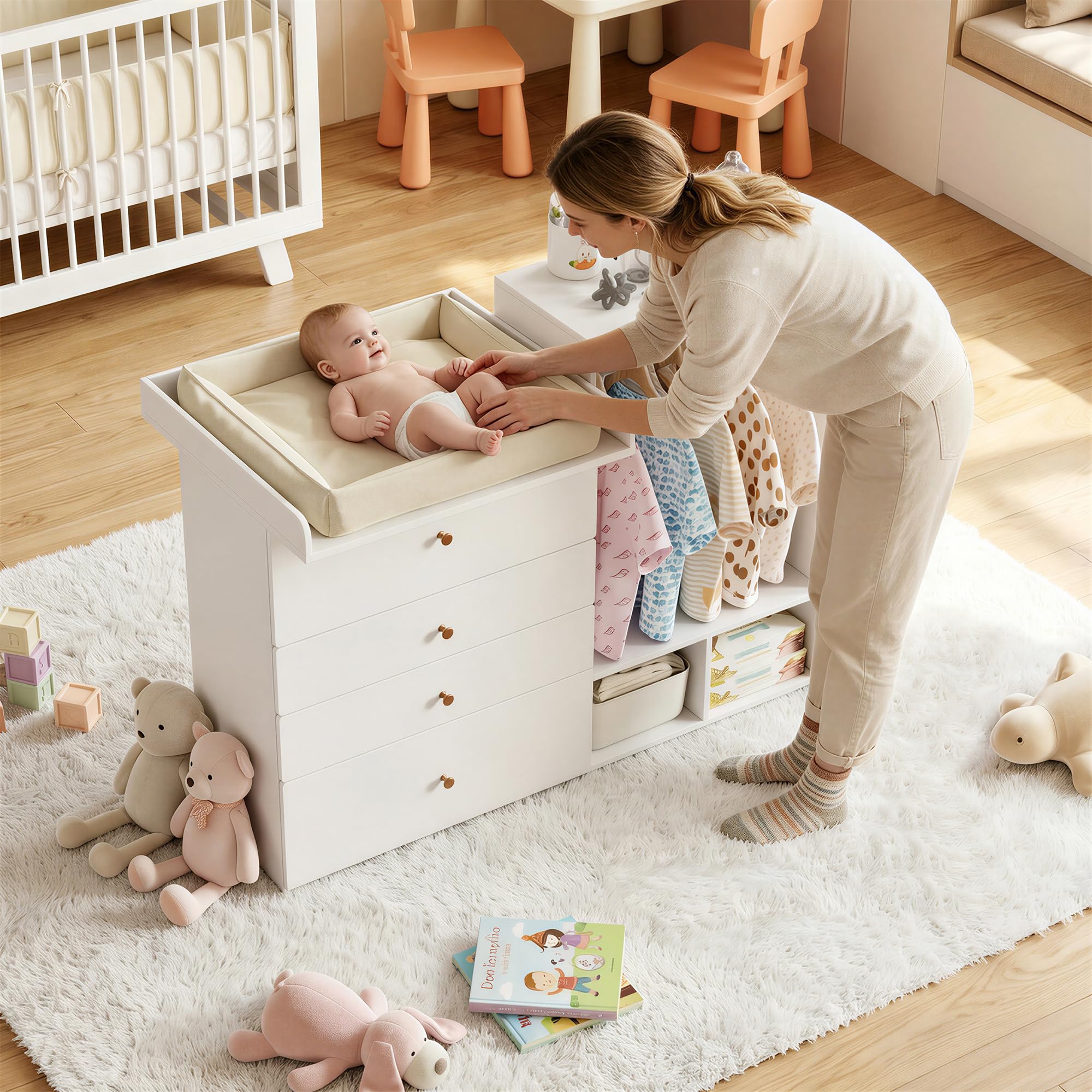 MSFE Cambiador Bebe con 4 Cajones, área para colgar ropa, Mueble Cambiador bebe, Cómoda cambiadors, Estantes laterales,No incluye cojín de mesa, 150x112x38cm, fino a 100KG, Dos paquetes