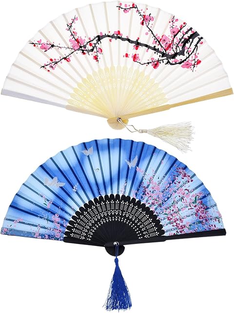 2 Pieces Folding Fans Handheld Fans Bamboo Fans with Tassel Women's Hollowed Bamboo Hand Holding Fans for Wall Decoration, Gifts (White Cherry and Blue Butterfly Pattern)