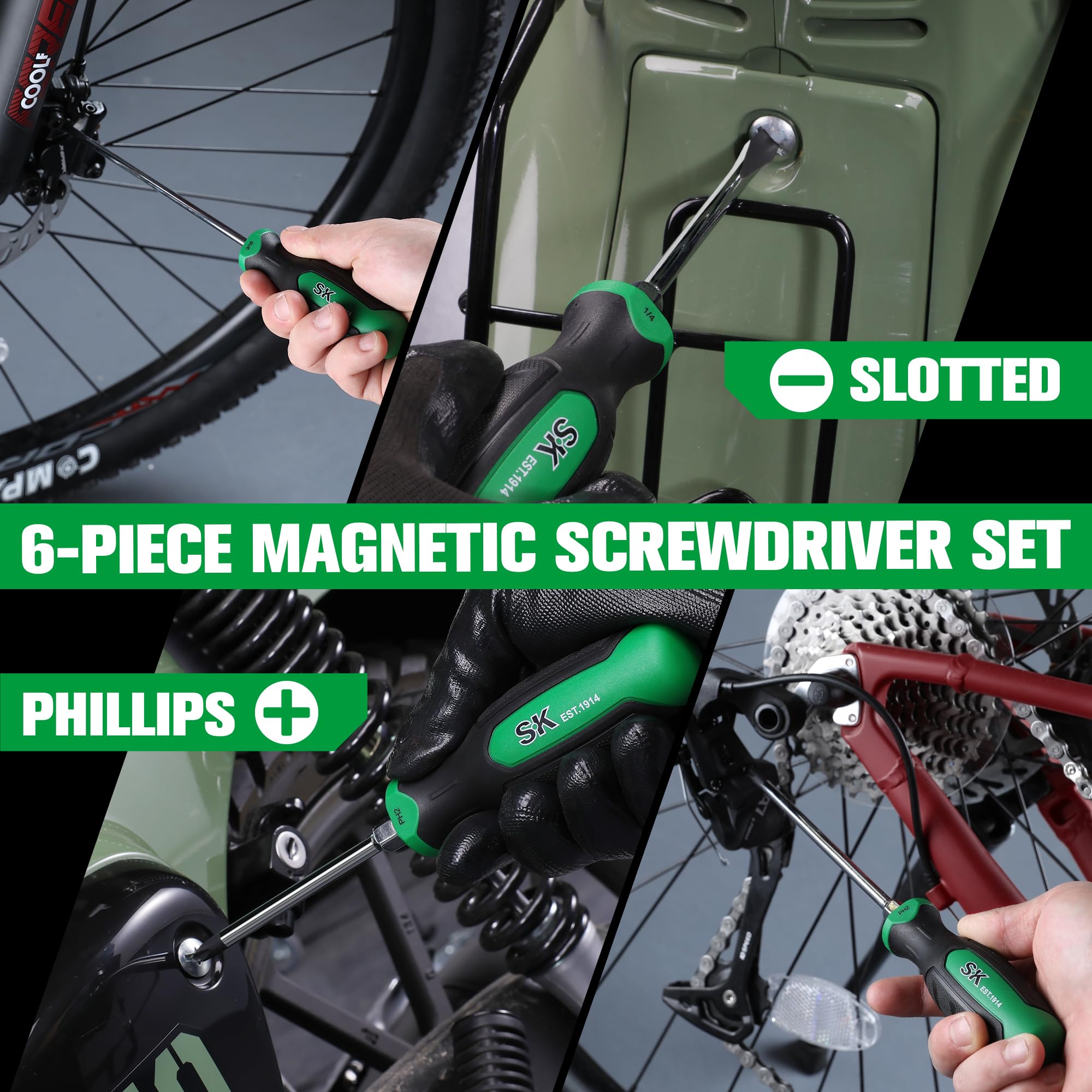 SK Juego de Herramientas Destornilladores Magnéticos Bricolaje, Acero S2, 3 Ranurados y 3 Phillips, Mango SureGrip®
