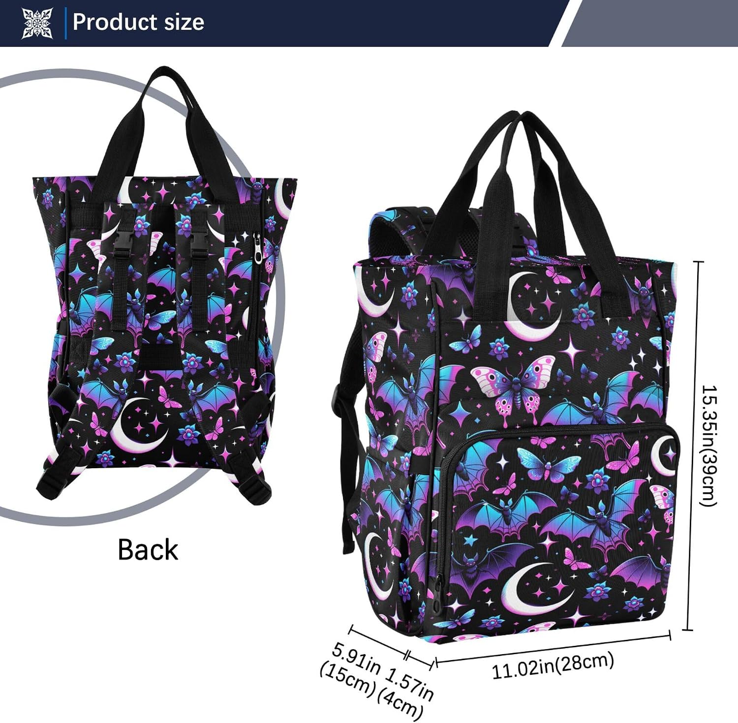 MNSRUU Diaper Bag Neon Purple and Bats Stars and Moons Large Capacity Changing Backpack Multifunction Travel Tote Nappy Bag Baby Diaper Backpack for Mom Dad