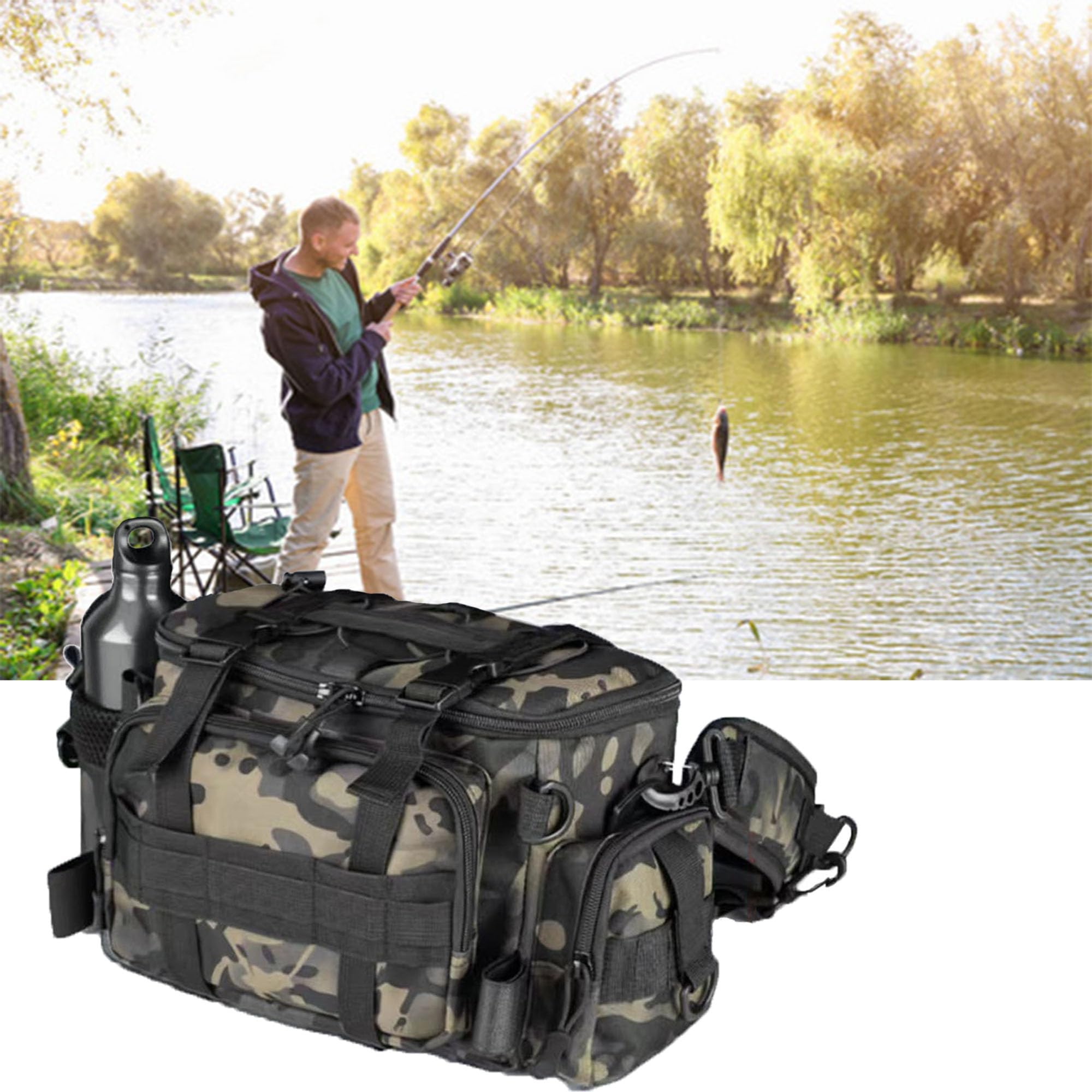 YUEMING Bolsa de Aparejos de Pesca Multifuncional, Gran Capacidad, Kit de Accesorios con Correas Ajustables