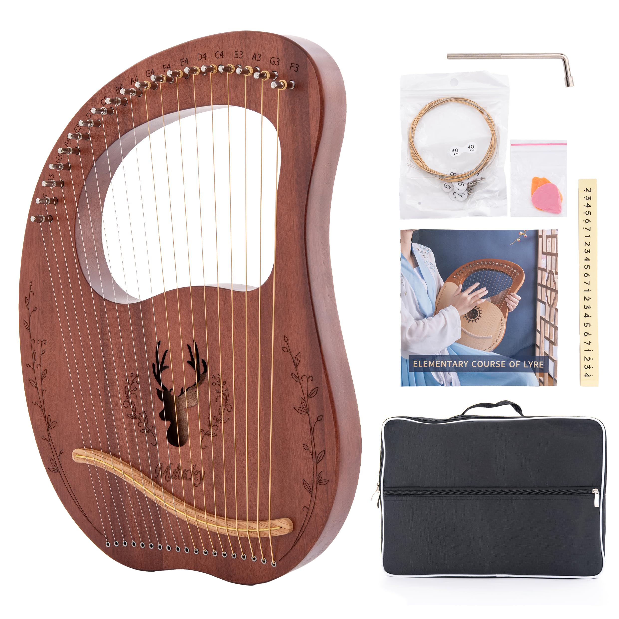 Mulucky Arpa de lira, kit de arpa de lira de caoba de 19 cuerdas, instrumentos musicales de cuerda con bolsa de llave de afinación, cuerdas adicionales para principiantes y adultos