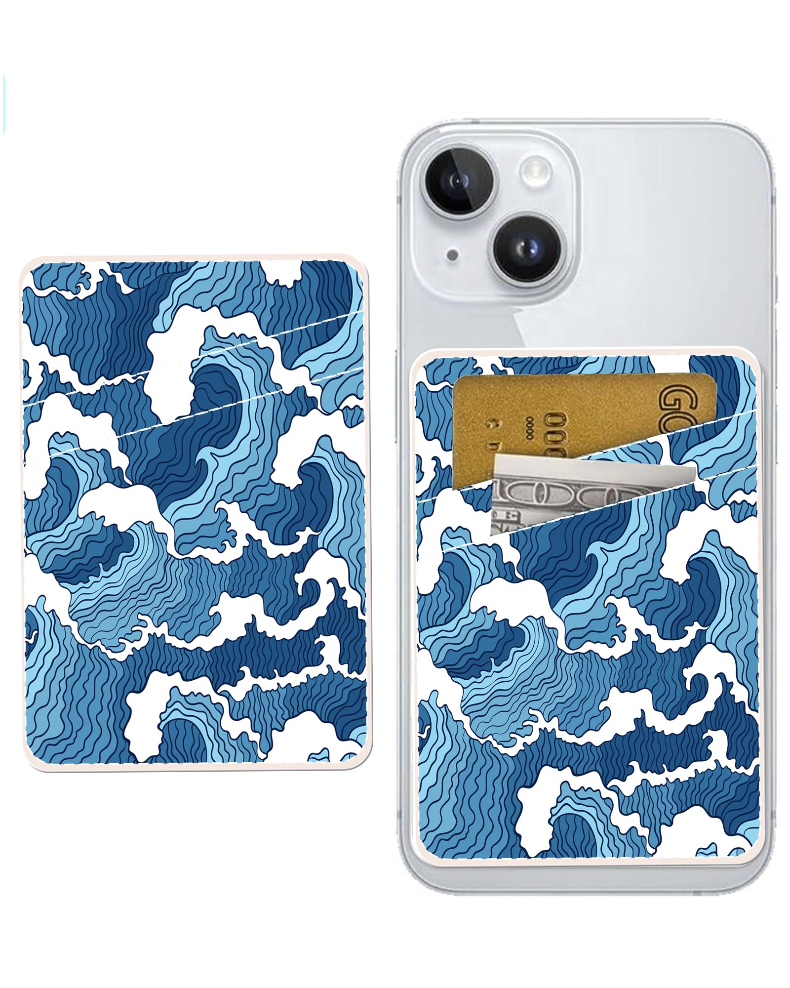 Dual Pocket Leder Handy Wallet Adhesive Stick On, Cute Card Holder Credit Card Holder for Phone Case, Niedliches blaues Meer, Minimalistisch