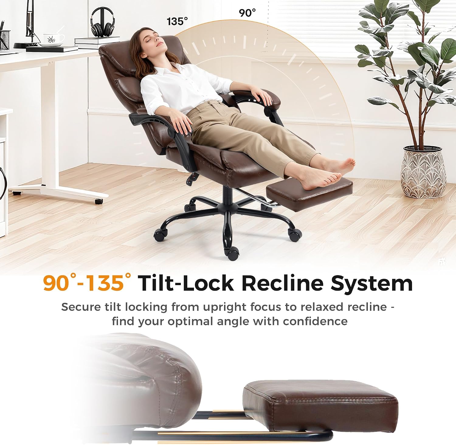 Office Chair, Executive High Back Leather Home Office Desk Chair with Footrest & Lumbar Support - Ergonomic Reclining Comfortable Wide Swivel Rolling Gaming Computer Chair 90-135° Adjustable Tilt Lock image 3