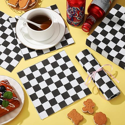 Miniatura 4 de Colarr 100 servilletas de bandera a cuadros desechables para fiestas de autos de carreras, color blanco y negro, tejido decorativo para alimentos,
