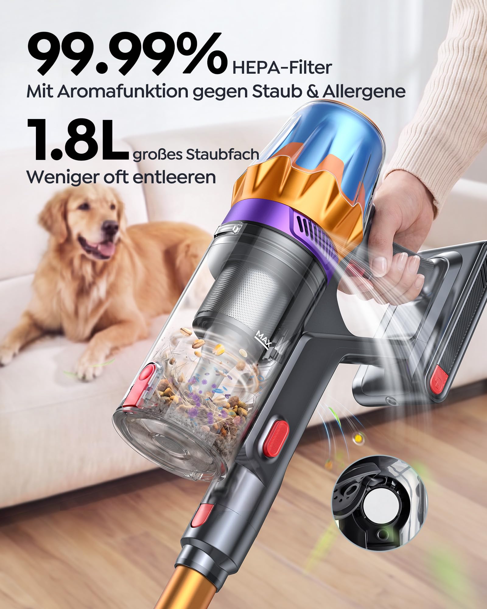 Fieety Akku Staubsauger Kabellos 55KPa/650W/80Min, 1,8L Akkustaubsauger mit Automatikmodus, 1,5M Schlauch, Duftfunktion, Anti-Tangle-Bürste, für Tierhaare, Teppiche, Hartböden, Auto