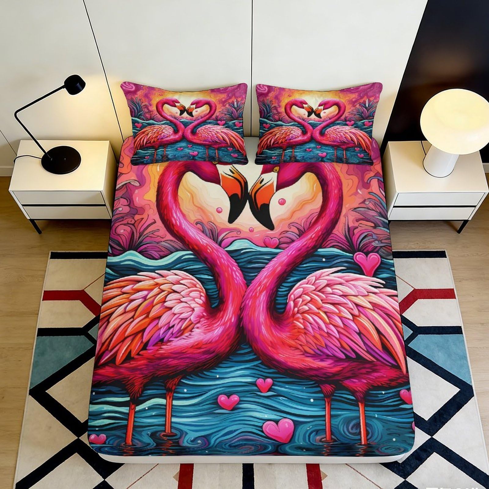 Pnayamiorkfel Style-9 3D Printed Pink Flamingo Fitted Sheet Microfiber Soft Heart Pattern Mattress Cover For Bedroom Dorm Guestroom Decor 90X200x25cm