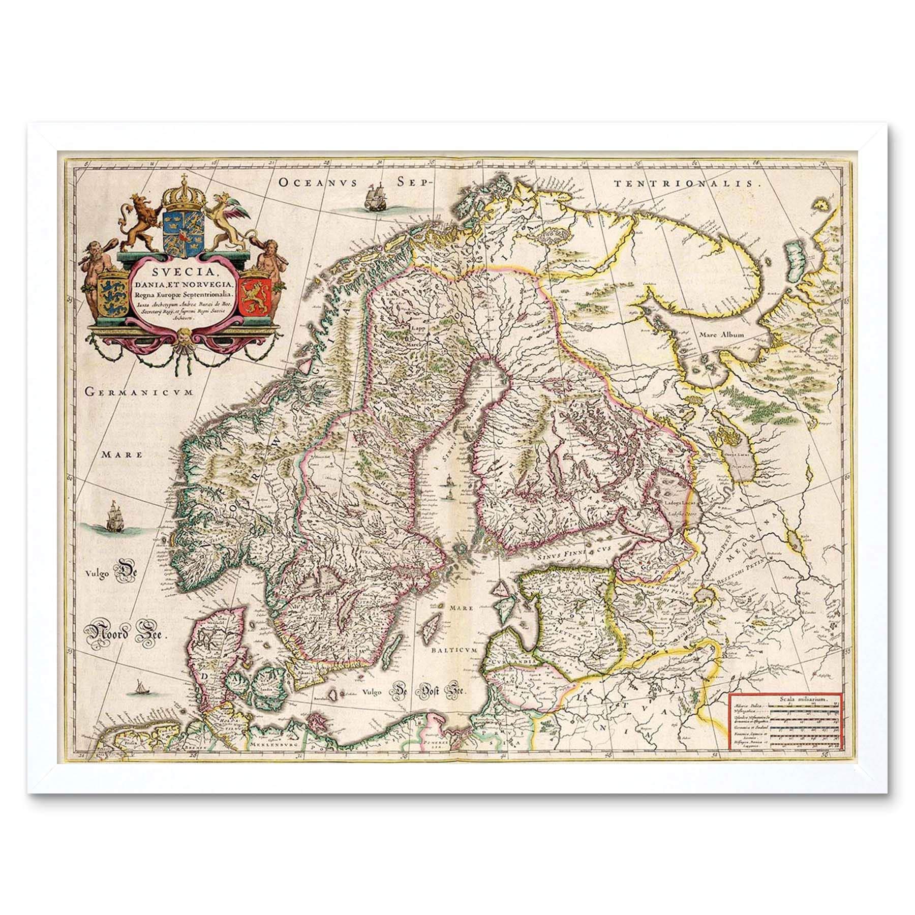 Wee Blue Coo Map Antique Scandinavia Norway Sweden Finland Art Print Framed Poster Wall Decor 12X16 Inch