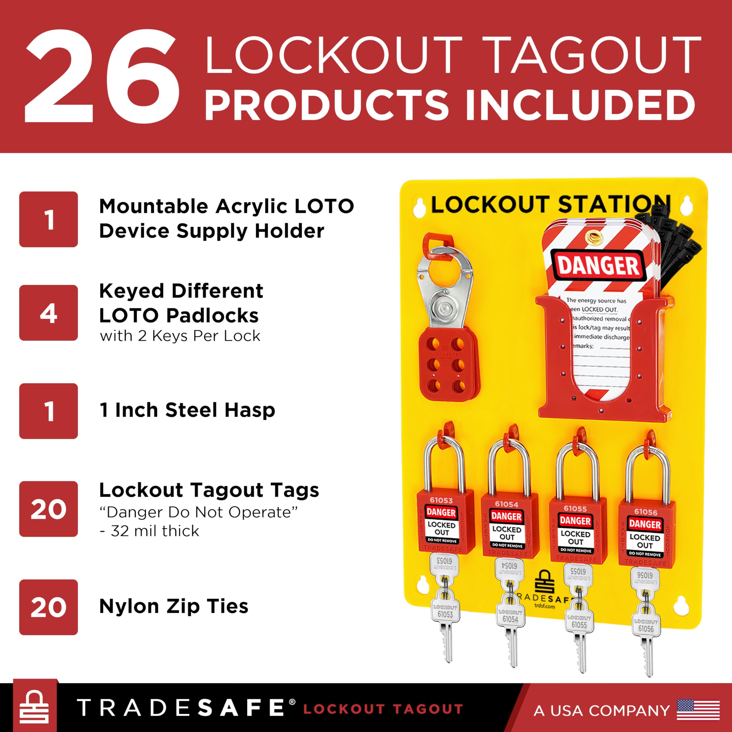 TRADESAFE Estación de etiquetado de bloqueo con dispositivos Loto – Kit de etiqueta de bloqueo con juego de 4 cerraduras de seguridad, cerrojo para candados, 20 etiquetas de no operación para