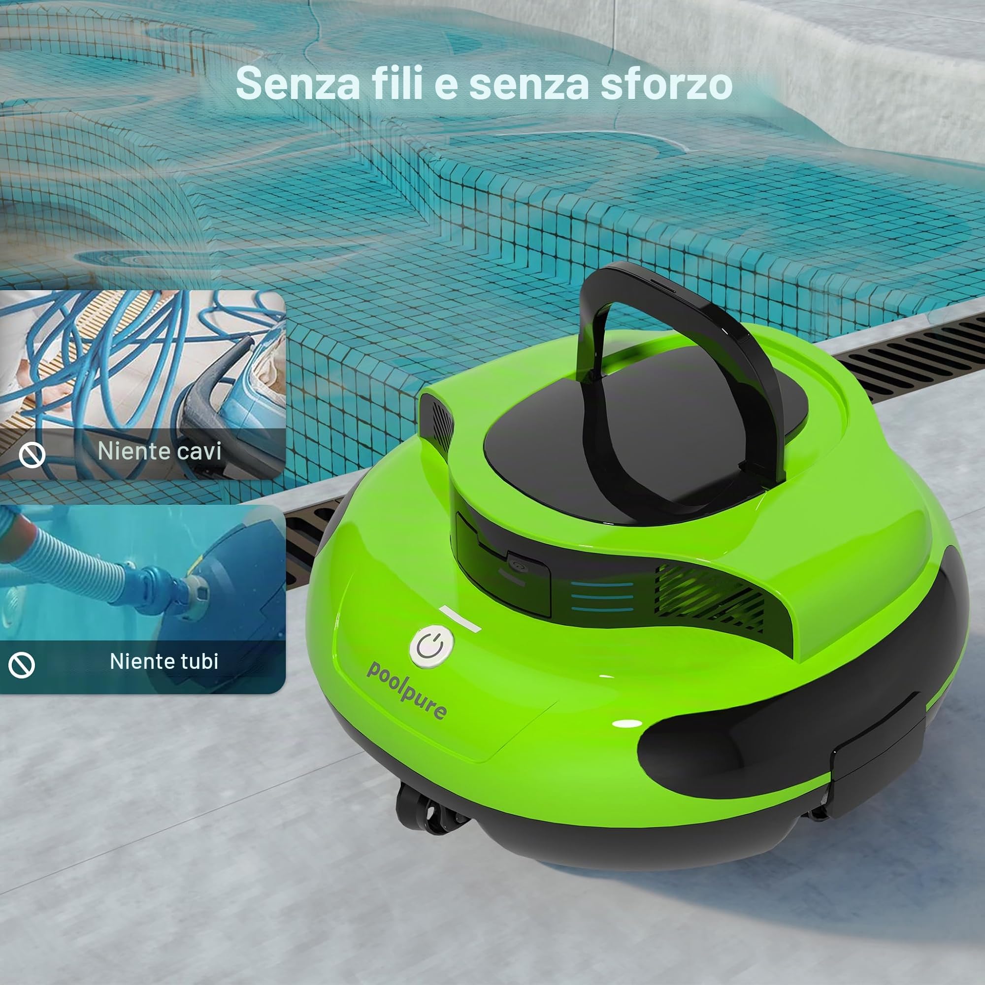 POOLPURE Aspirapolvere per Piscina, Batteria da 5000 mAh, Doppio Motore, indicatori LED, Funzione Self-Parking, IPX8, Impermeabile, Robot da Piscina Senza Fili per Piscine Piatte da 90 m²