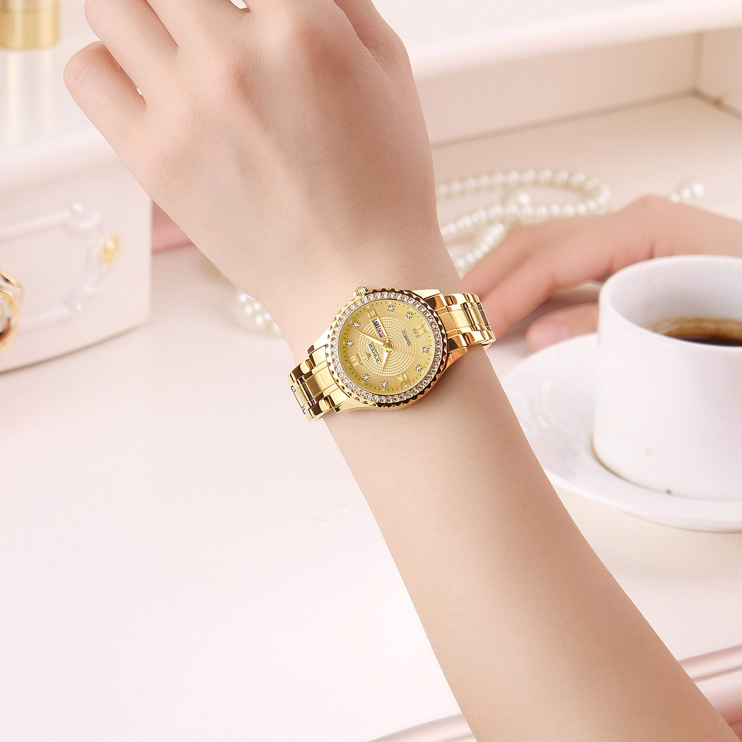 WWOOR Orologio da polso da uomo e donna, alla moda, di lusso, originale, analogico, al quarzo, impermeabile, con data, in acciaio inox, casual, regalo (oro, nero, argento)