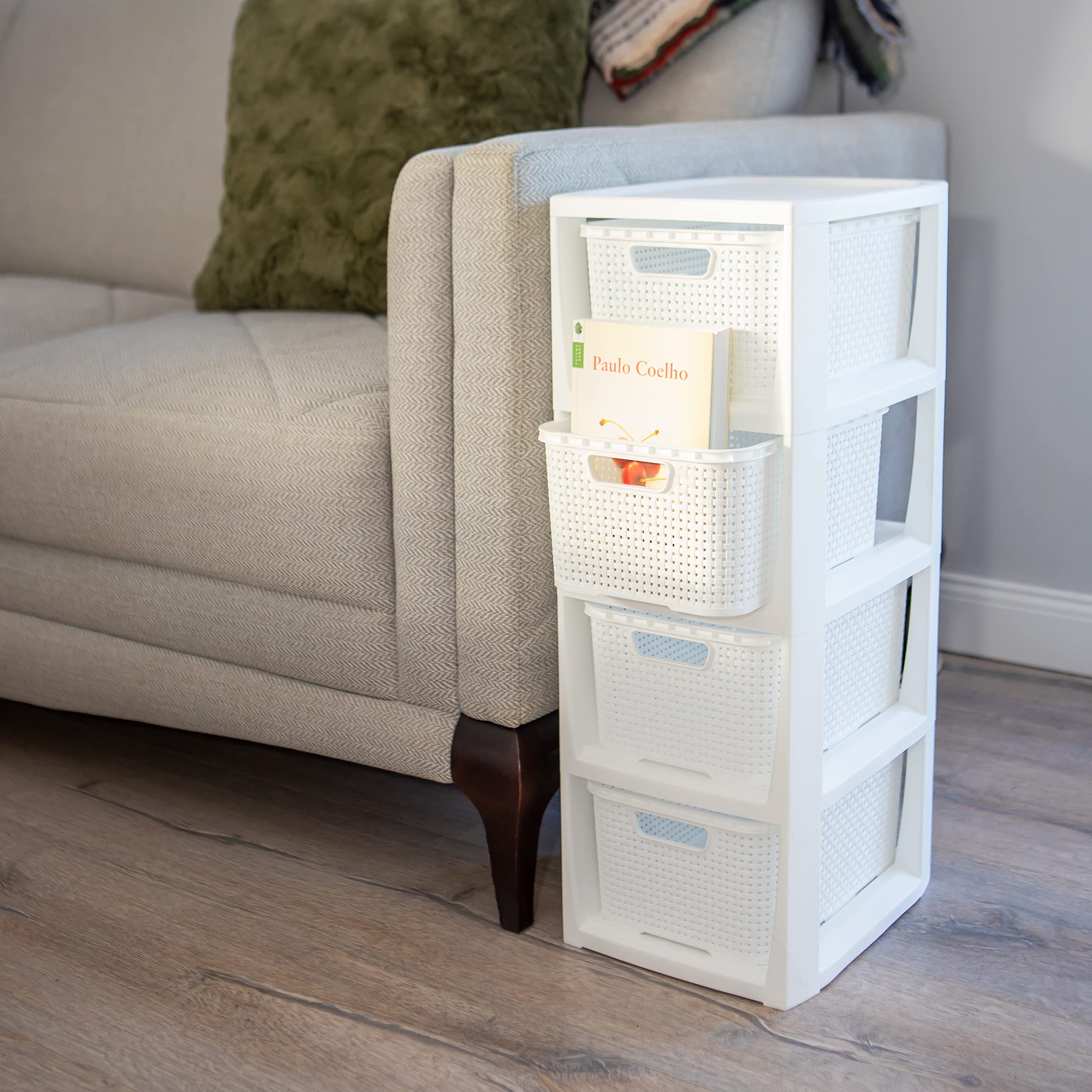 BranQ - Home essential - Estantería en diseño de ratán, plástico Polipropileno sin bisfenol A, Color Blanco, 29,5 x 24 x 64,2 cm, 4 cestas