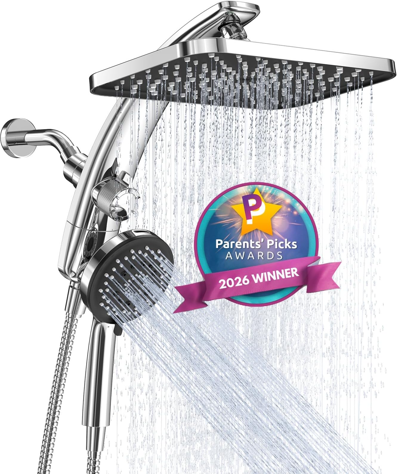 Wide High Pressure Rain Shower Head with Handheld | Dual Shower Heads Combo,8-Mode Hand Held Spray,Wand,Double Detachable Rainfall Showerhead with Arm,Bathroom Set,Chrome,Silver