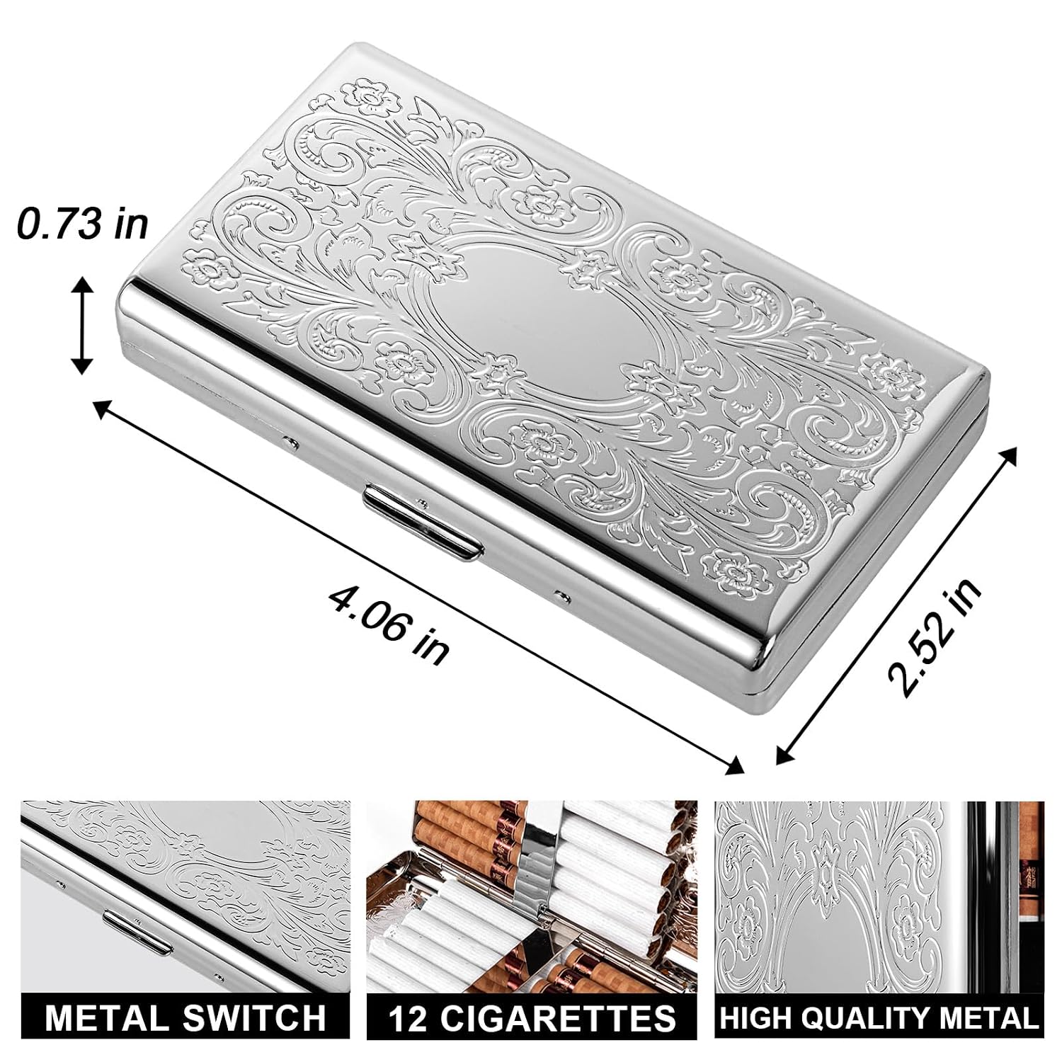 Vintage Metal Cigarette case with J6 Lighter, Holds 12pcs 100s Cigarettes, Can Also Be Used for RFID Credit Card and Cash Organizer (Silver, 12pcs 100's)