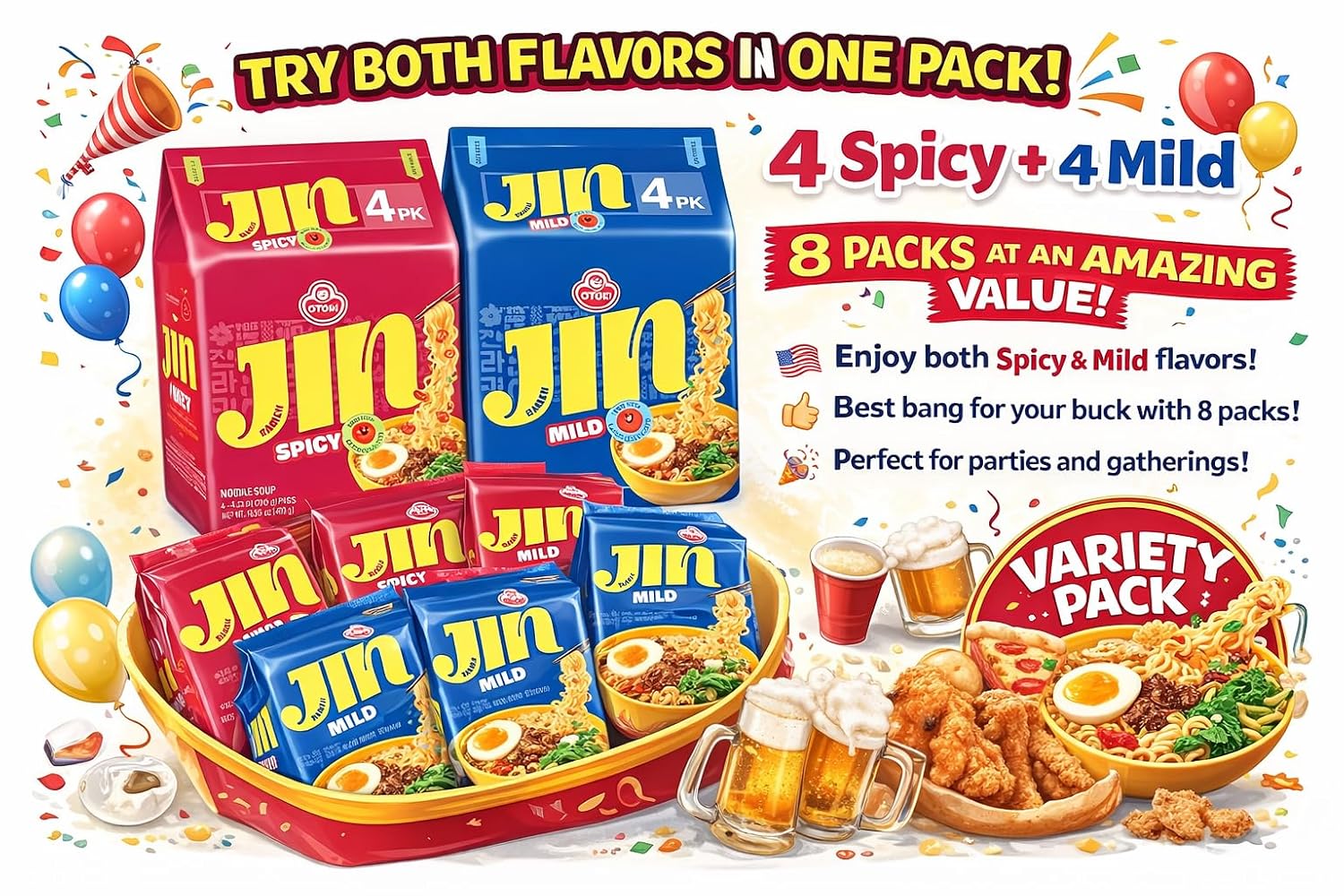 Korean Instant Noodle Variety Pack (8 Pack), Mild & Spicy Ramen, 4.23oz Each, Quick Easy Meal, Asian Style Soup Noodles