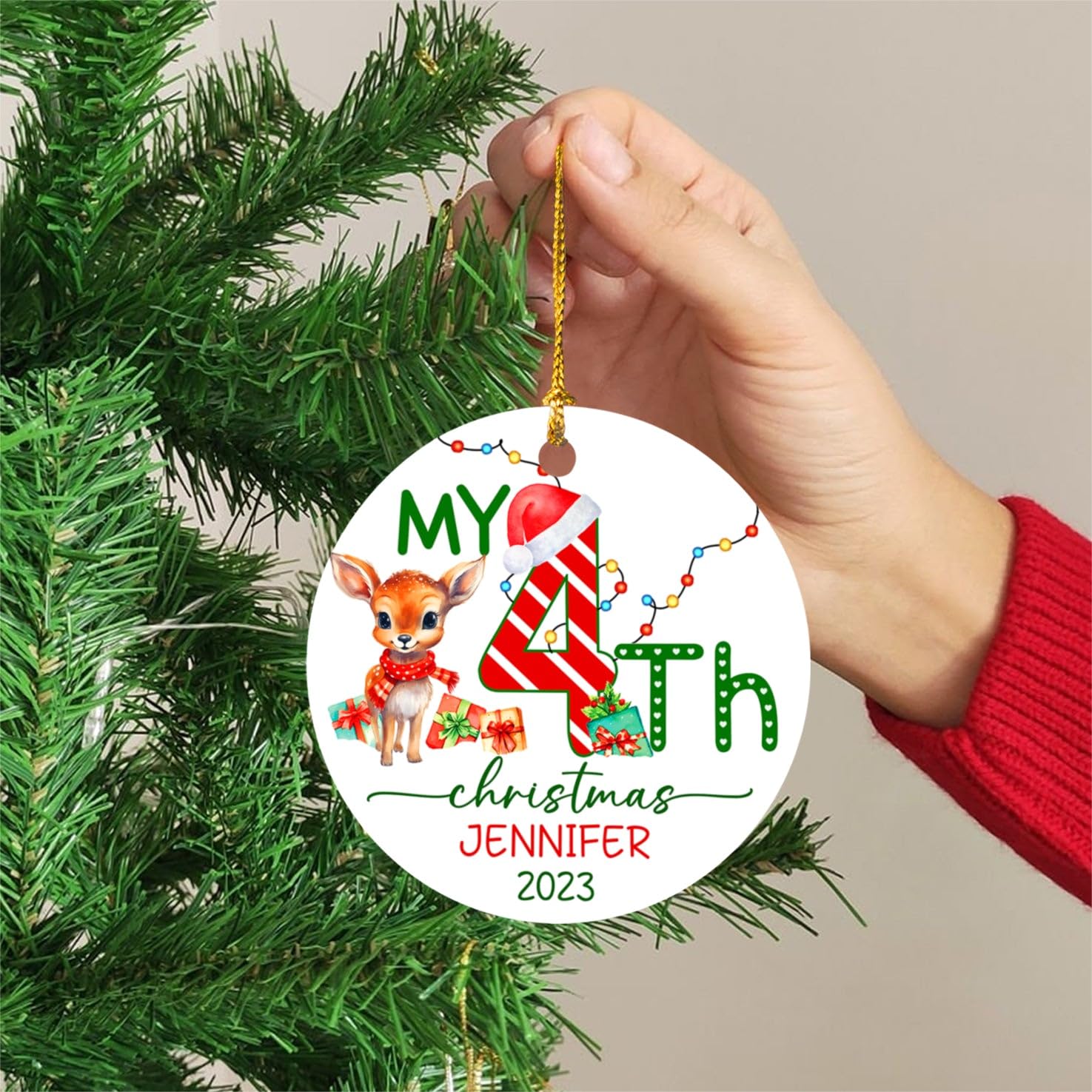 Mazoli Baby's 4th Christmas Reindeer Personalized Ornament, Custom Name Keepsake for 4 Years Old, Brown, MDF with Plastic Coating, Christmas
