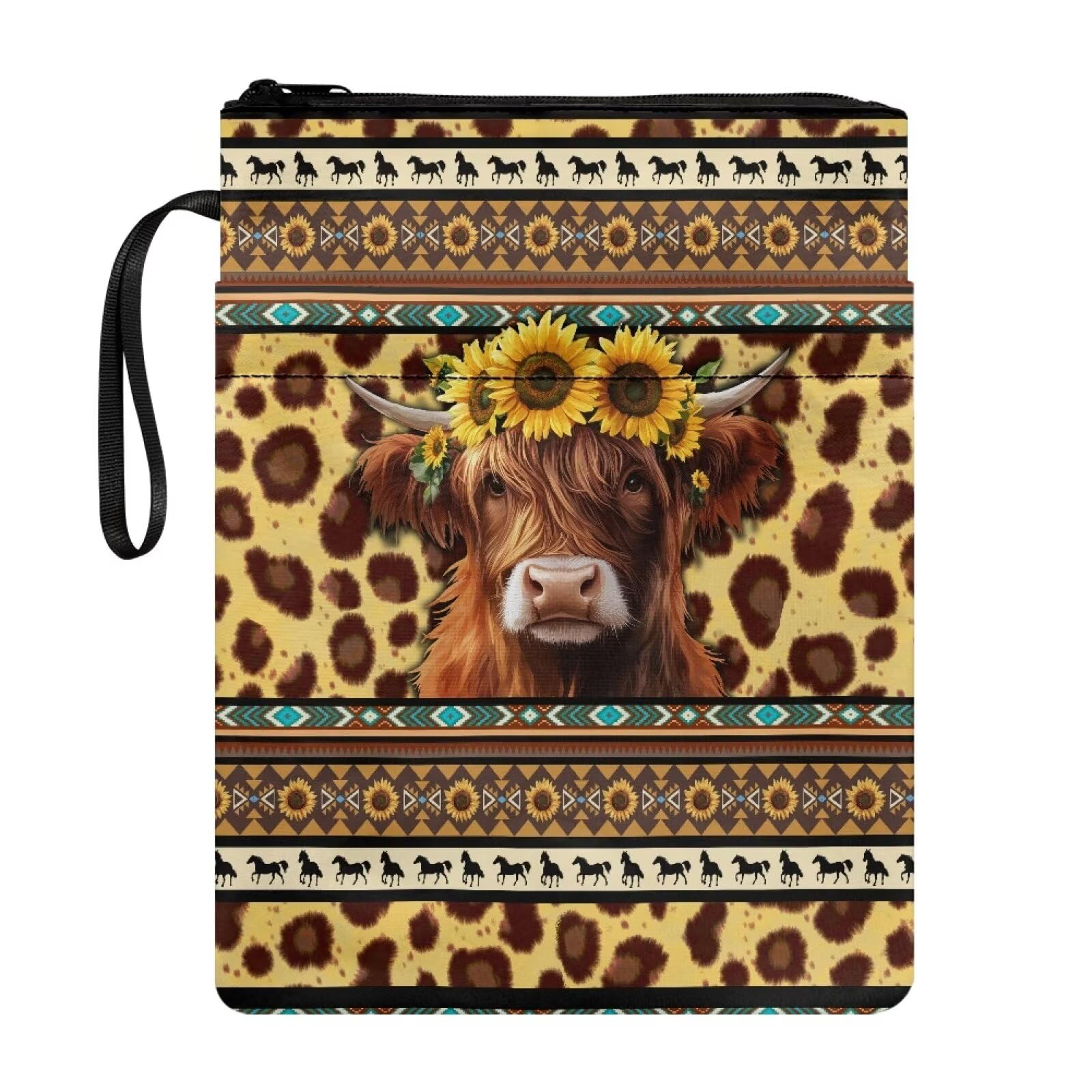 Wanyint Book Sleeve Washable Book Cover for Book Lovers Book Protector with Zipper 11.4 x 8.7 Inch for Teen Girls and Boys Highland Cow Sunflower Brown