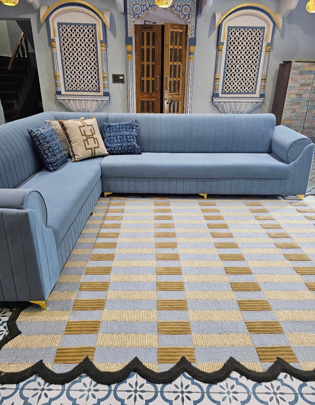 Area Rug with Scalloped Edge, Checkered Pattern, Gray Beige Brown Black, Handwoven Floor Carpet (270 * 270 cm)