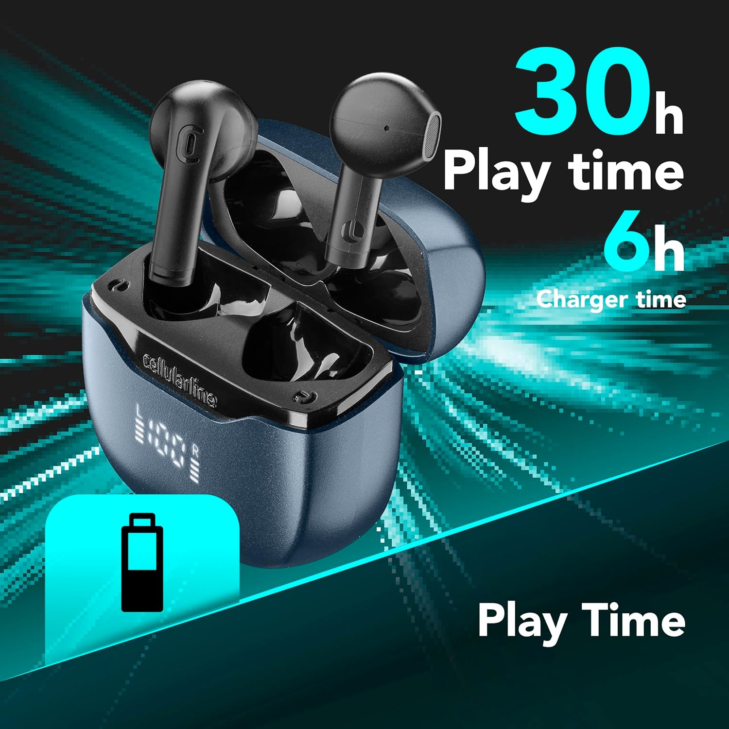 cellularline Core Pro Earphones in charging case showing 30 hours play time