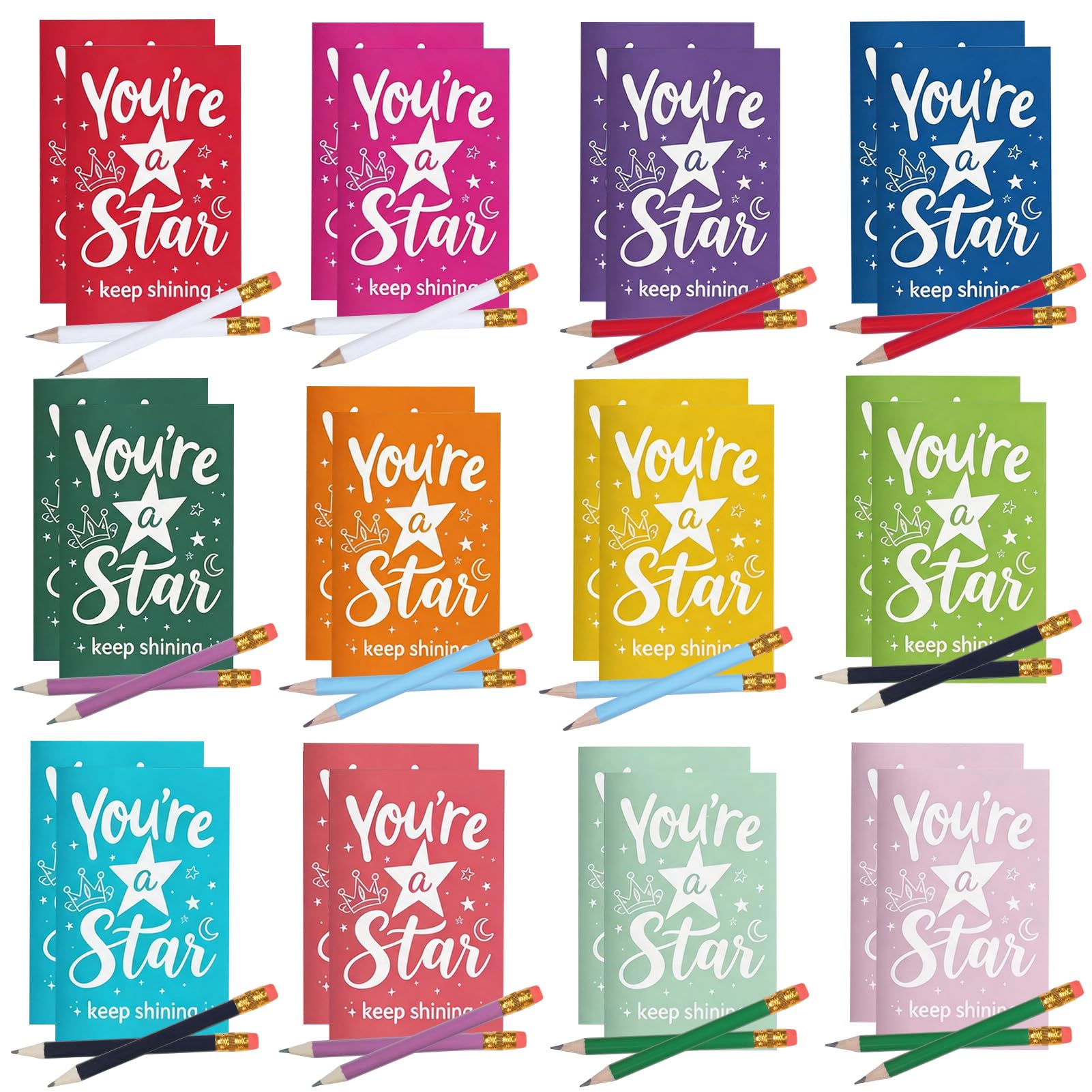 SERTAS End of Year Class Gifts Set,24 Pack Mini Notebooks with 6 Color Short Pencils,Inspirational Pocket Notepads for School Events and Group Distribution (A)