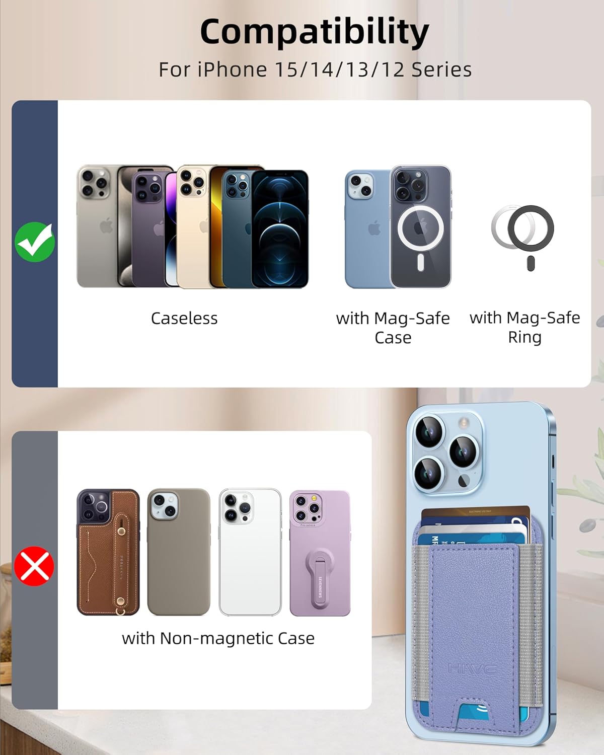 HiWe for MagSafe Wallet, Strongest Magnetic Wallet for iPhone 17/16/15/14/13/12 Series, 7 Cards Holder, Leather Minimalist Slim RFID, 1 Slot, Lavender - Image 5